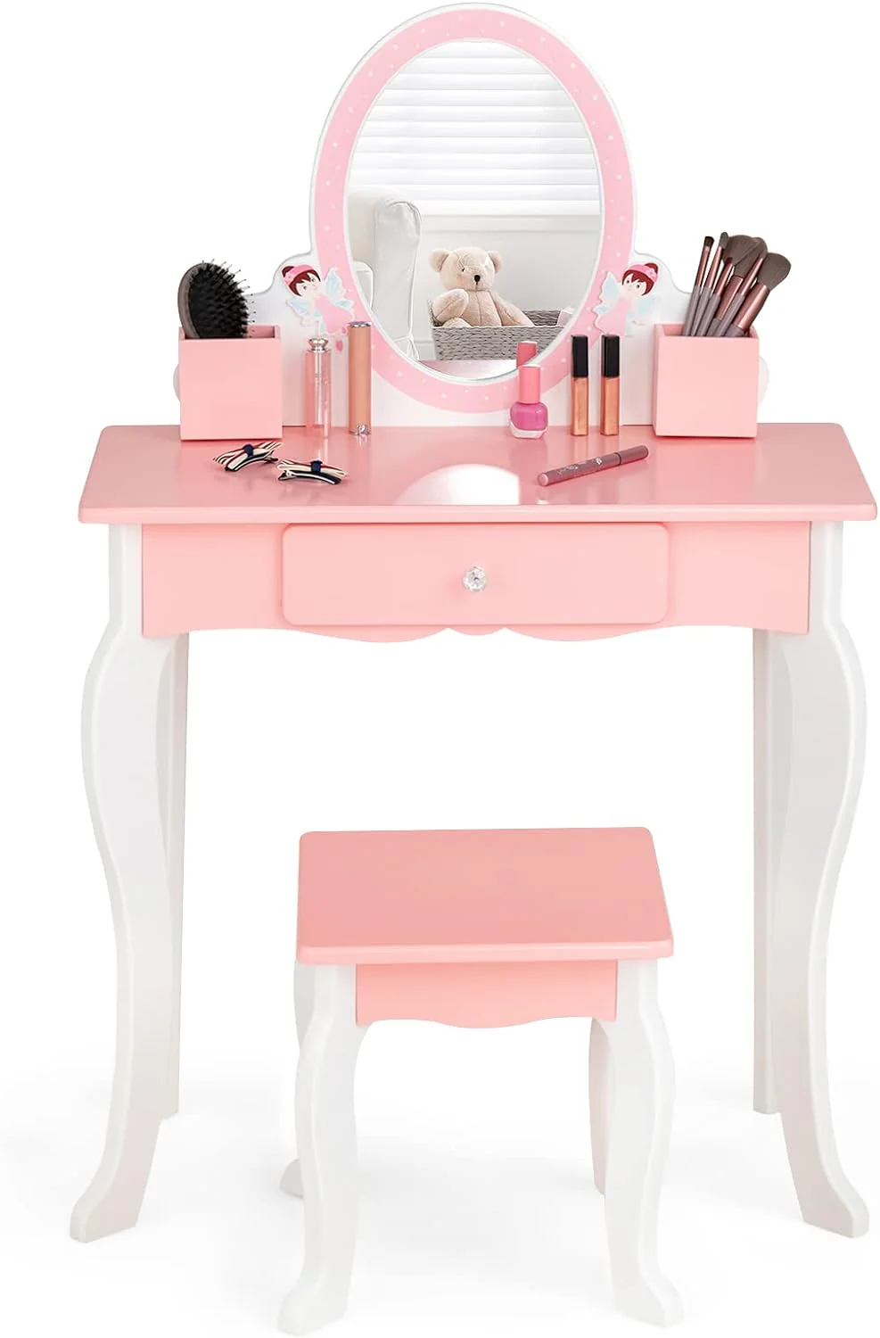 HONEY JOY Kids Vanity Set, Dressing Table for Children with Mirror and Stool, Princess Makeup Table - Image 11
