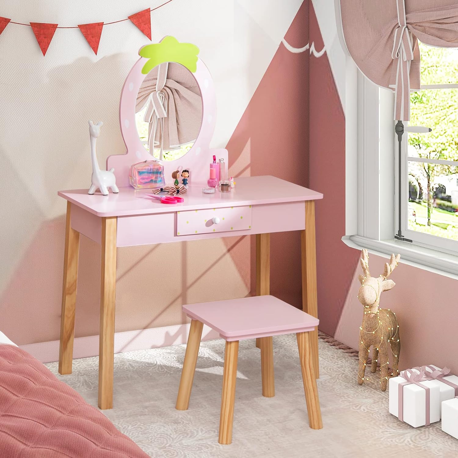 HONEY JOY Kids Vanity Set, Dressing Table for Children with Mirror and Stool, Princess Makeup Table - Image 13