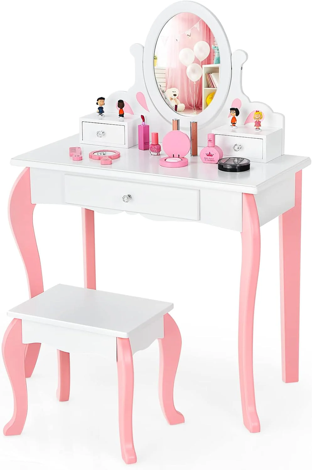 HONEY JOY Kids Vanity Set, Dressing Table for Children with Mirror and Stool, Princess Makeup Table - Image 15