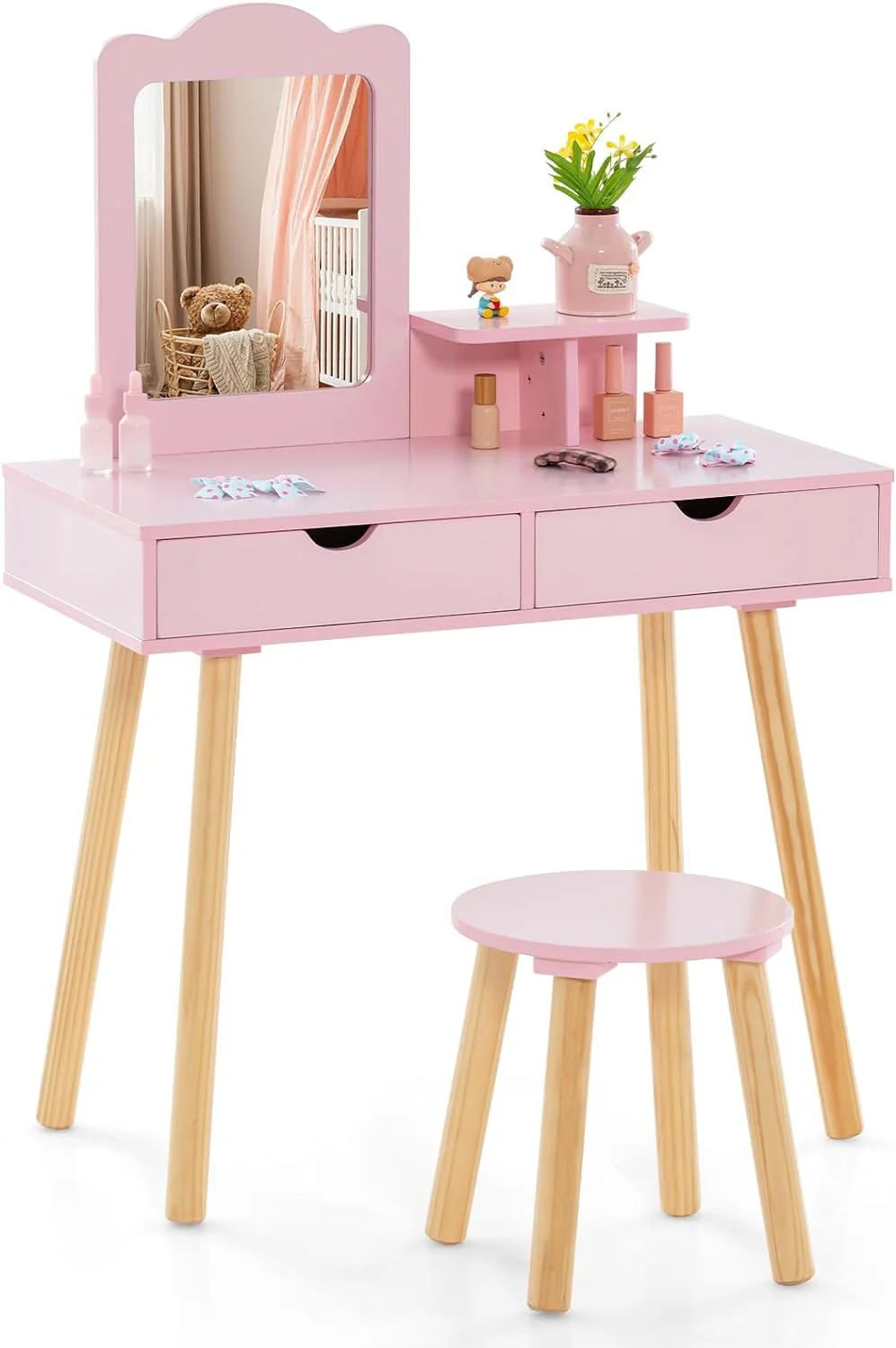 HONEY JOY Kids Vanity Set, Dressing Table for Children with Mirror and Stool, Princess Makeup Table - Image 19