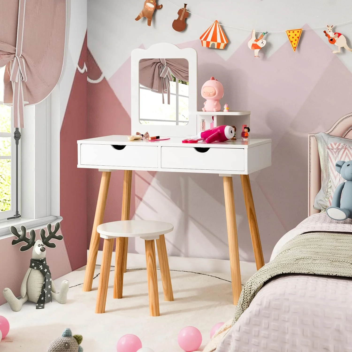 HONEY JOY Kids Vanity Set, Dressing Table for Children with Mirror and Stool, Princess Makeup Table - Image 20