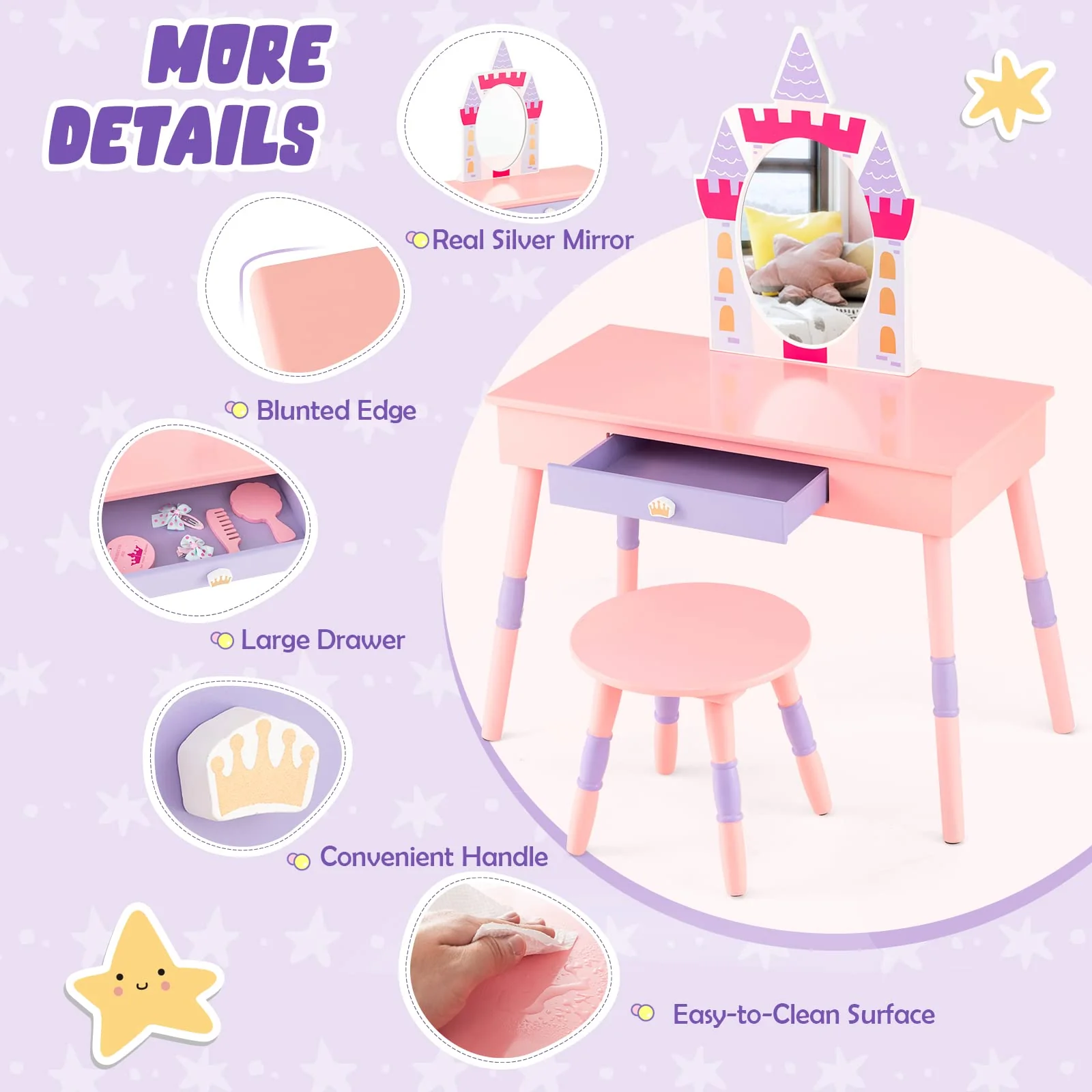 HONEY JOY Kids Vanity Set, Dressing Table for Children with Mirror and Stool, Princess Makeup Table - Image 5