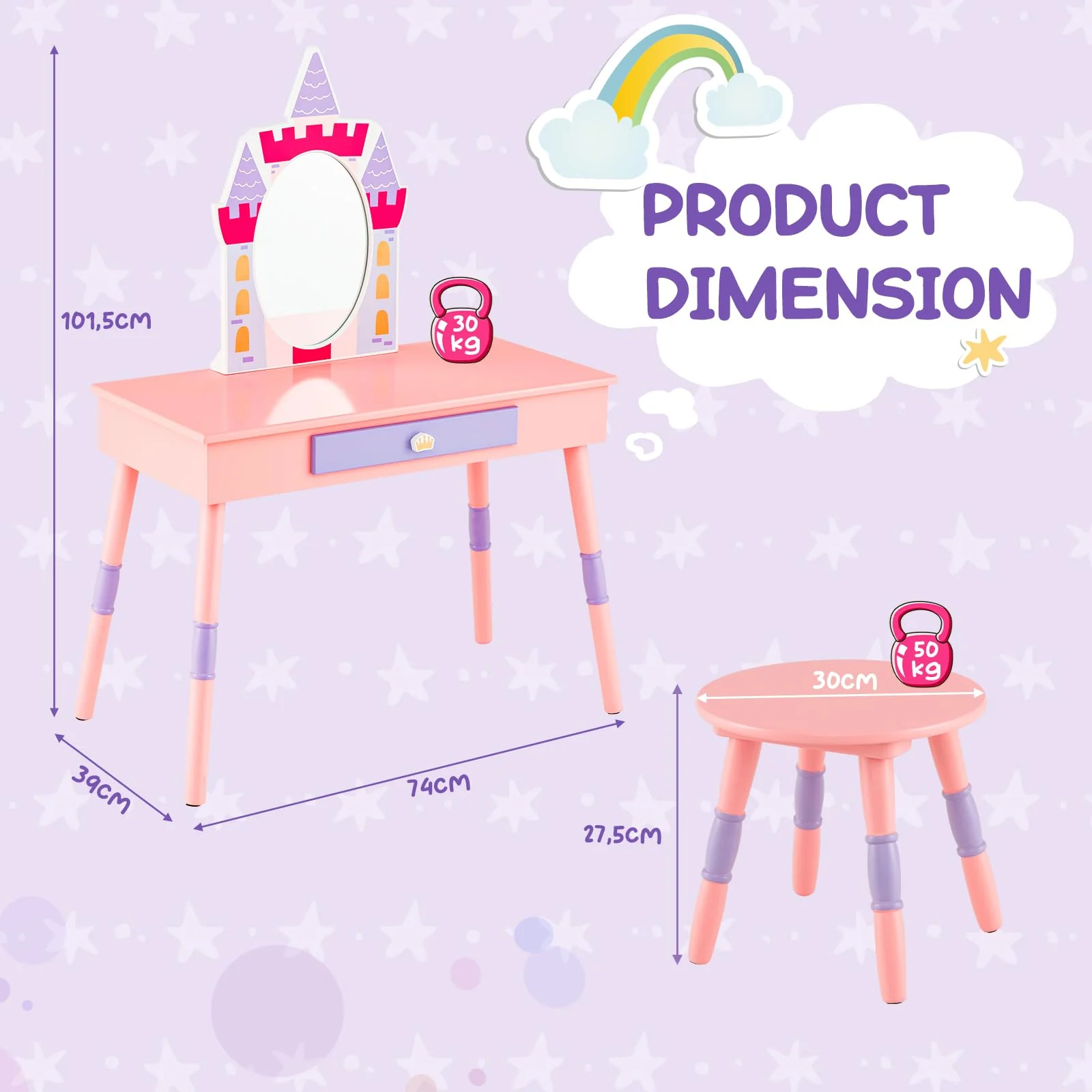 HONEY JOY Kids Vanity Set, Dressing Table for Children with Mirror and Stool, Princess Makeup Table - Image 6