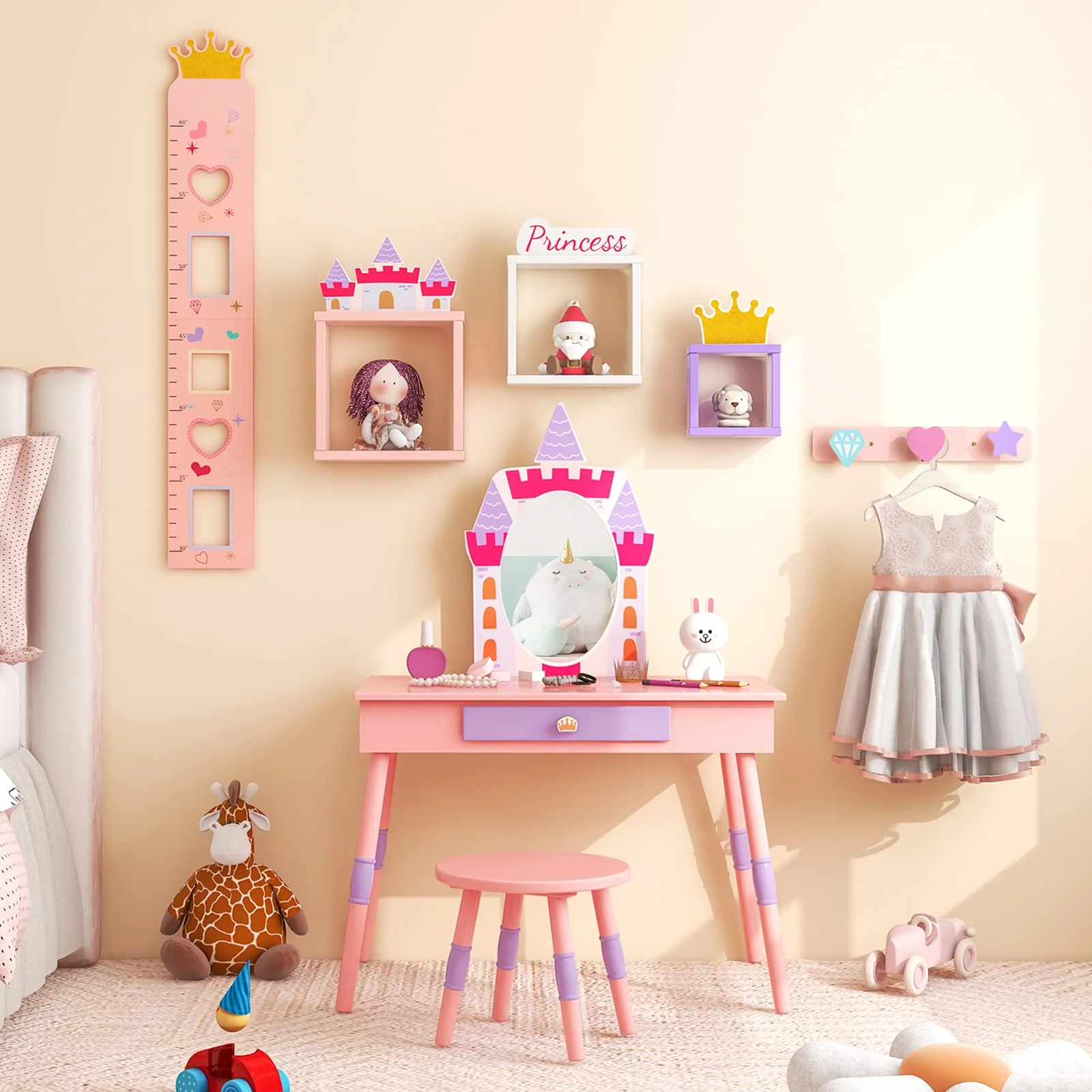 HONEY JOY Kids Vanity Set, Dressing Table for Children with Mirror and Stool, Princess Makeup Table - Image 8