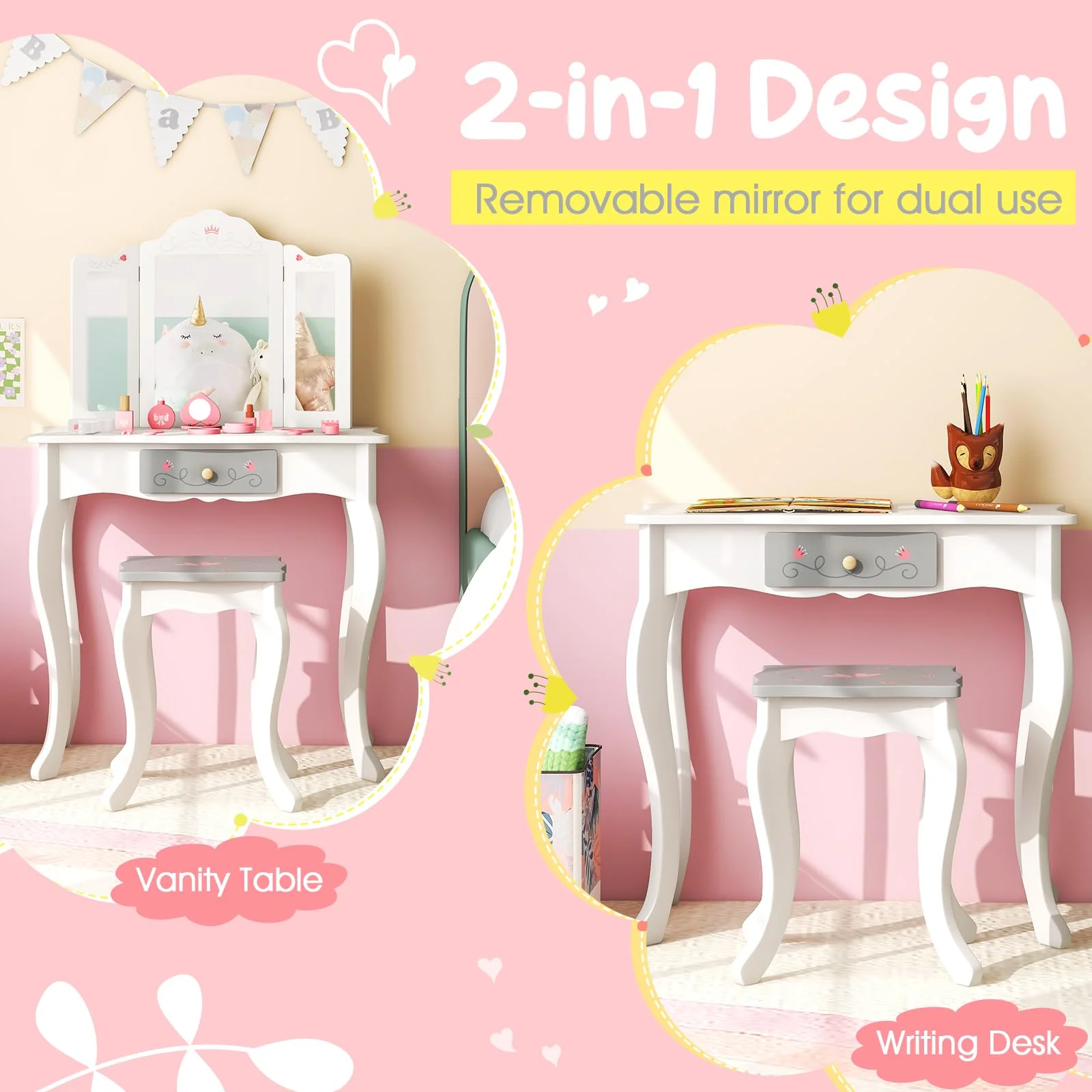 HONEY JOY Kids Vanity Set, Dressing Table w/Mirror and Stool, Accessories, Drawer, Wooden Princess Makeup Dressing Table - Image 2