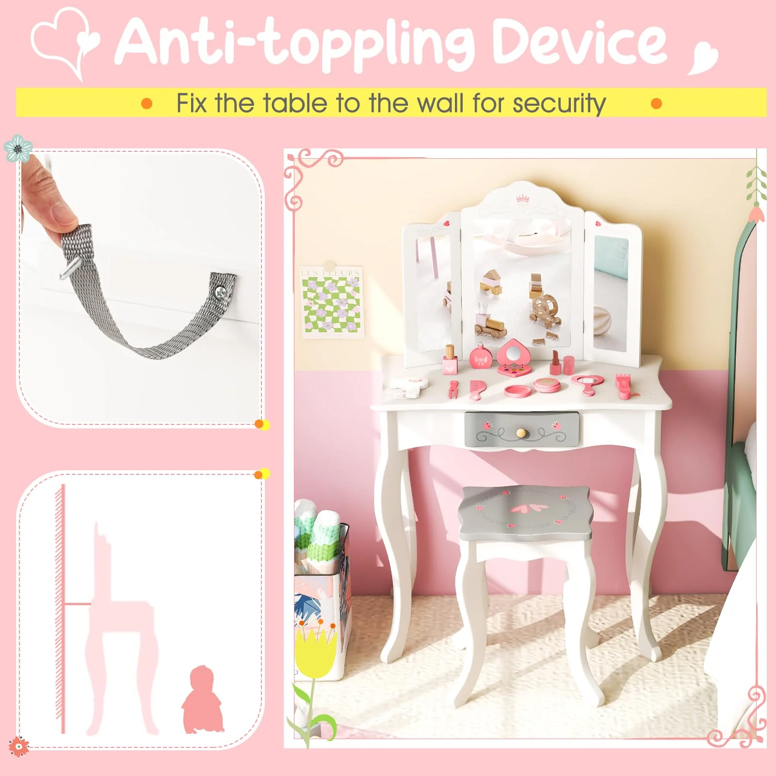 HONEY JOY Kids Vanity Set, Dressing Table w/Mirror and Stool, Accessories, Drawer, Wooden Princess Makeup Dressing Table - Image 3