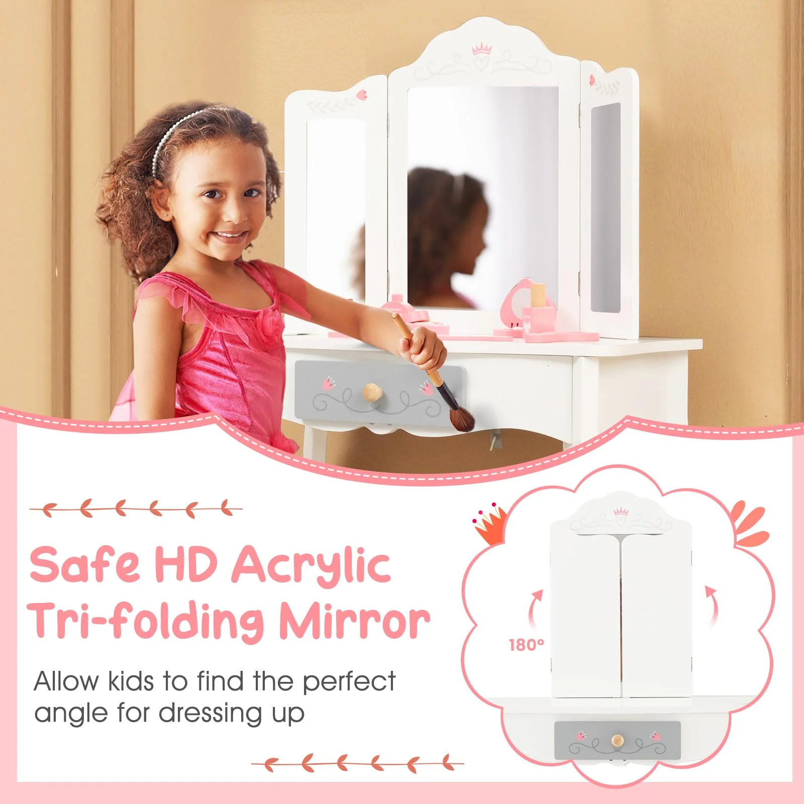 HONEY JOY Kids Vanity Set, Dressing Table w/Mirror and Stool, Accessories, Drawer, Wooden Princess Makeup Dressing Table - Image 4