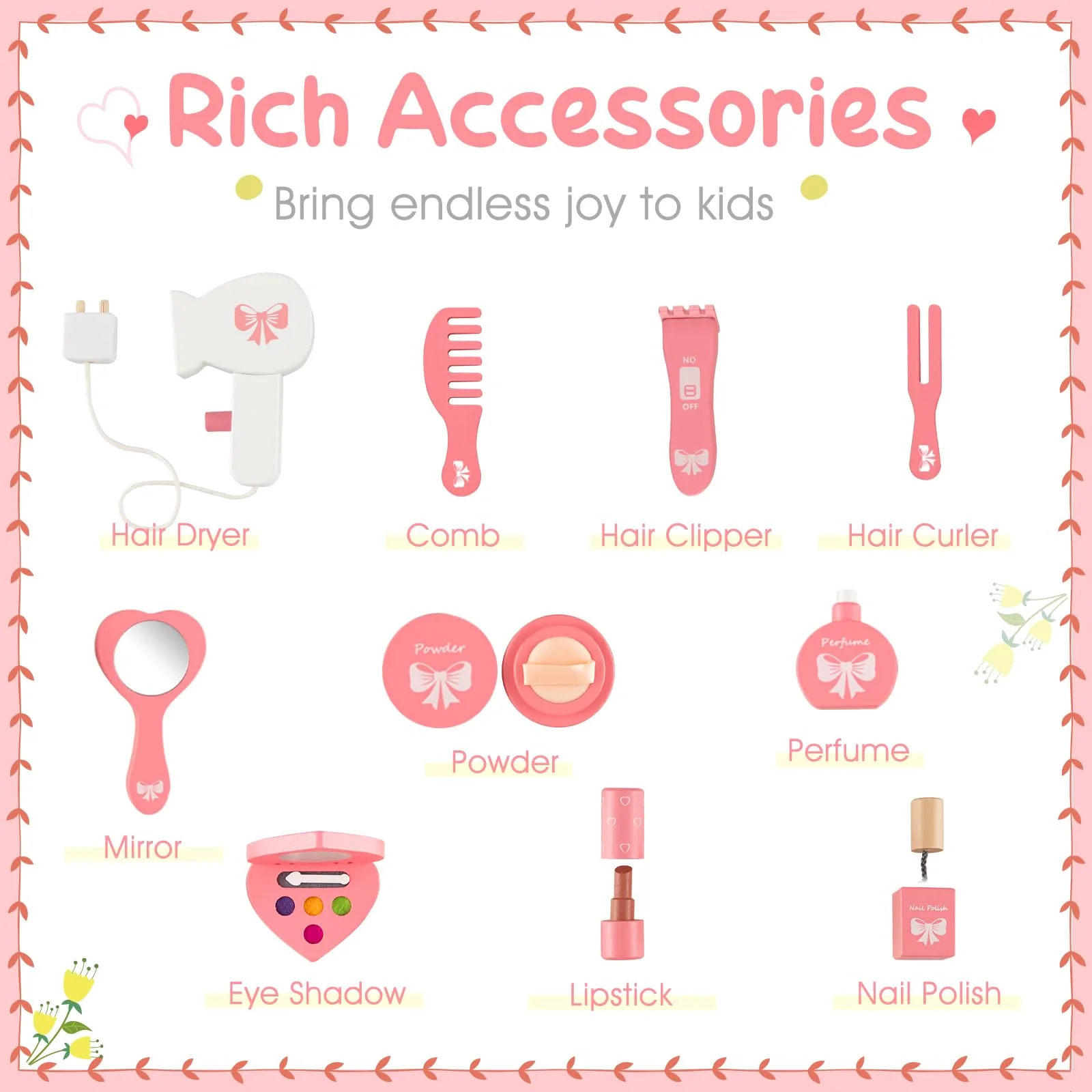 HONEY JOY Kids Vanity Set, Dressing Table w/Mirror and Stool, Accessories, Drawer, Wooden Princess Makeup Dressing Table - Image 5