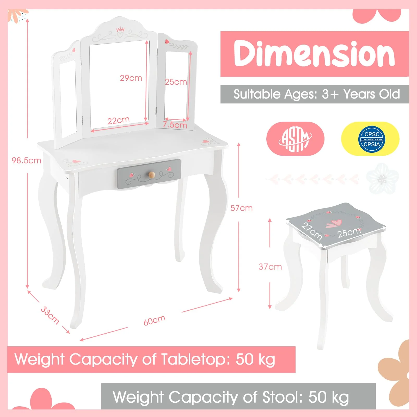 HONEY JOY Kids Vanity Set, Dressing Table w/Mirror and Stool, Accessories, Drawer, Wooden Princess Makeup Dressing Table - Image 6