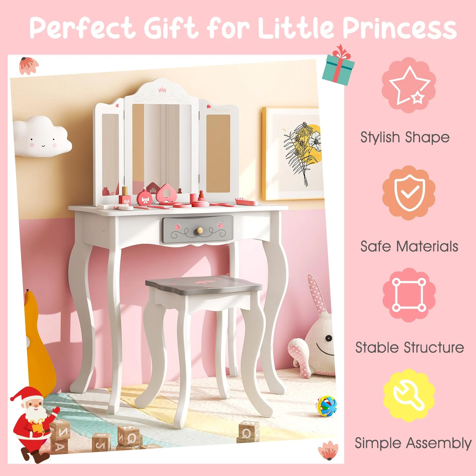 HONEY JOY Kids Vanity Set, Dressing Table w/Mirror and Stool, Accessories, Drawer, Wooden Princess Makeup Dressing Table - Image 8