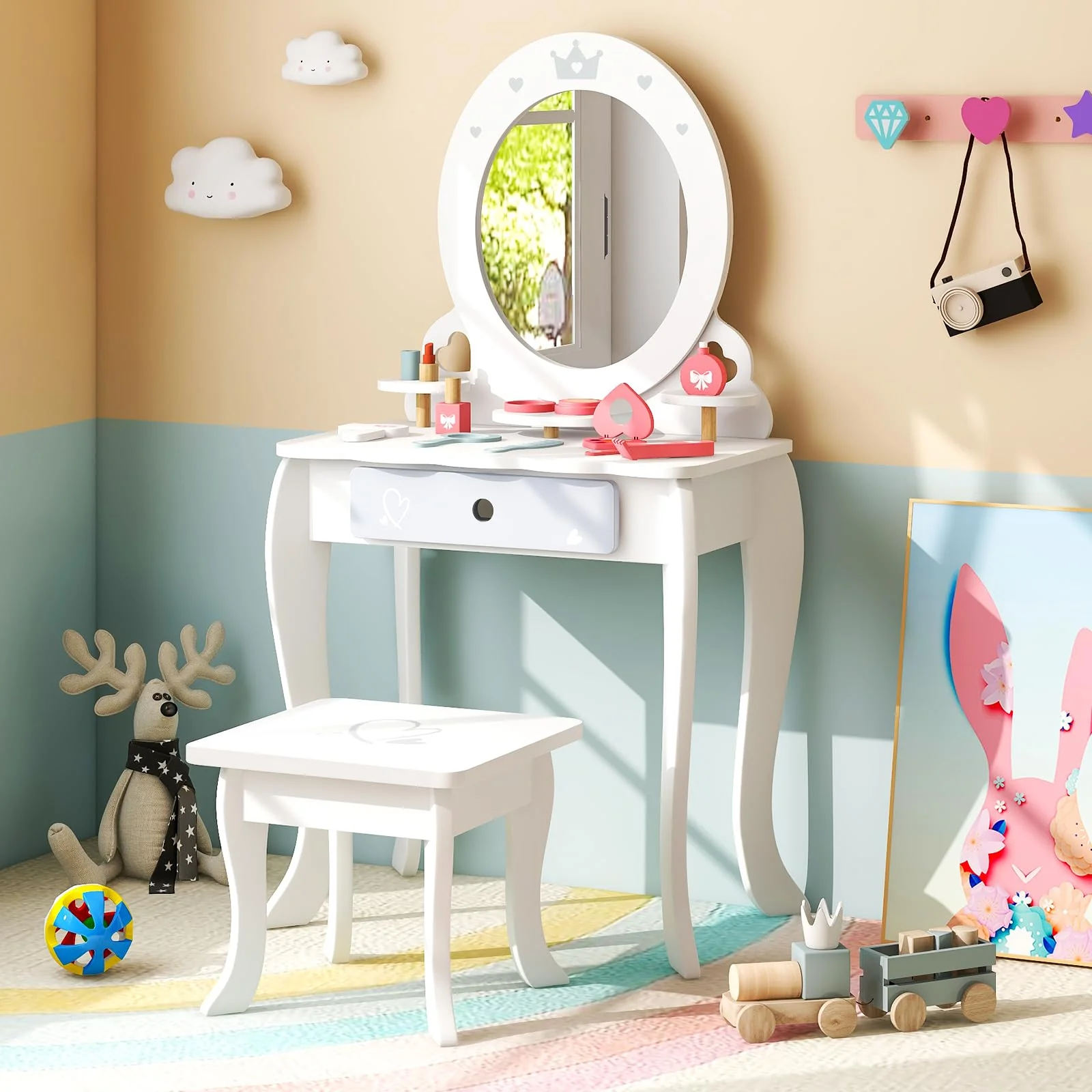 HONEY JOY Kids Vanity Set, Dressing Table w/Mirror and Stool, Accessories, Drawer, Wooden Princess Makeup Dressing Table - Image 2
