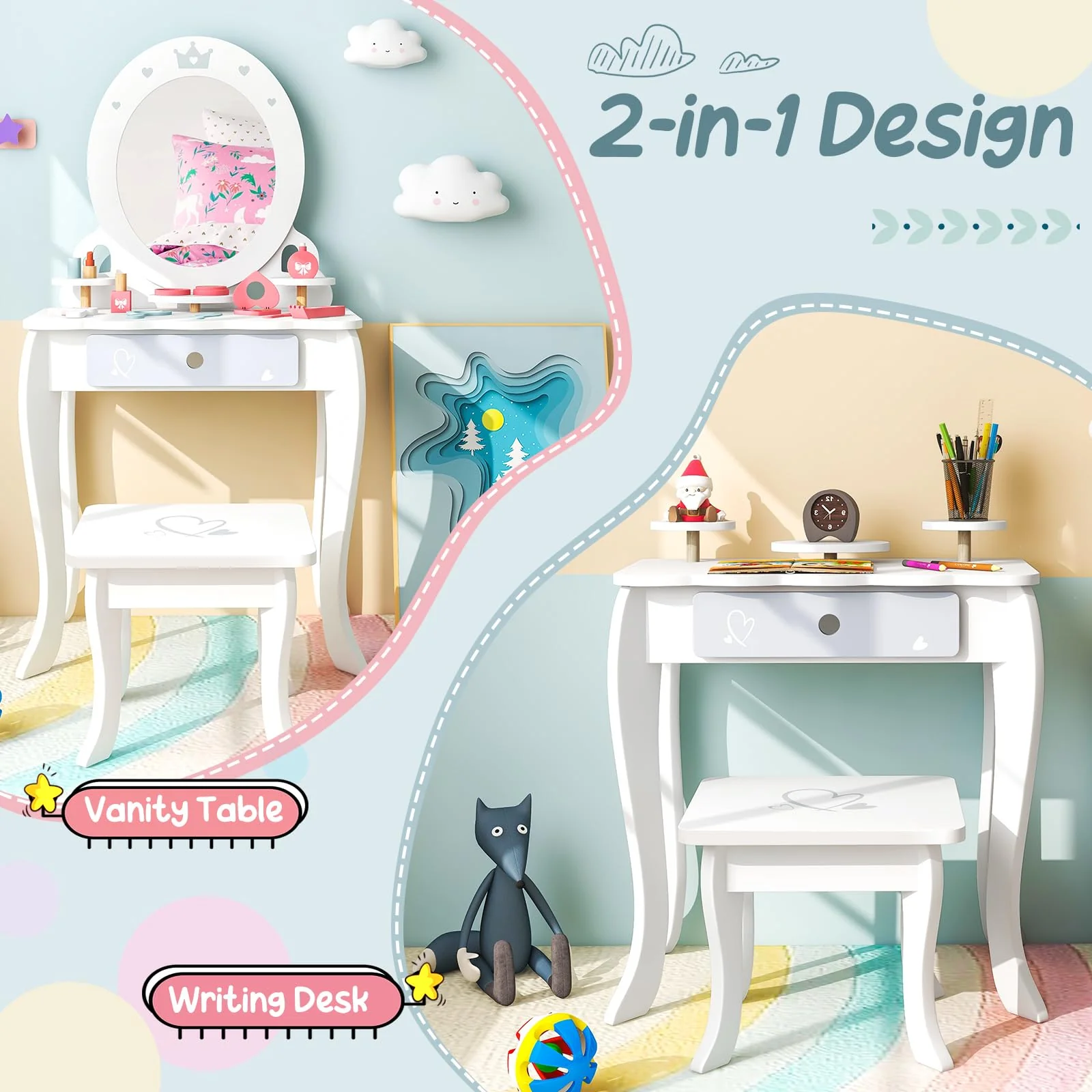 HONEY JOY Kids Vanity Set, Dressing Table w/Mirror and Stool, Accessories, Drawer, Wooden Princess Makeup Dressing Table - Image 3