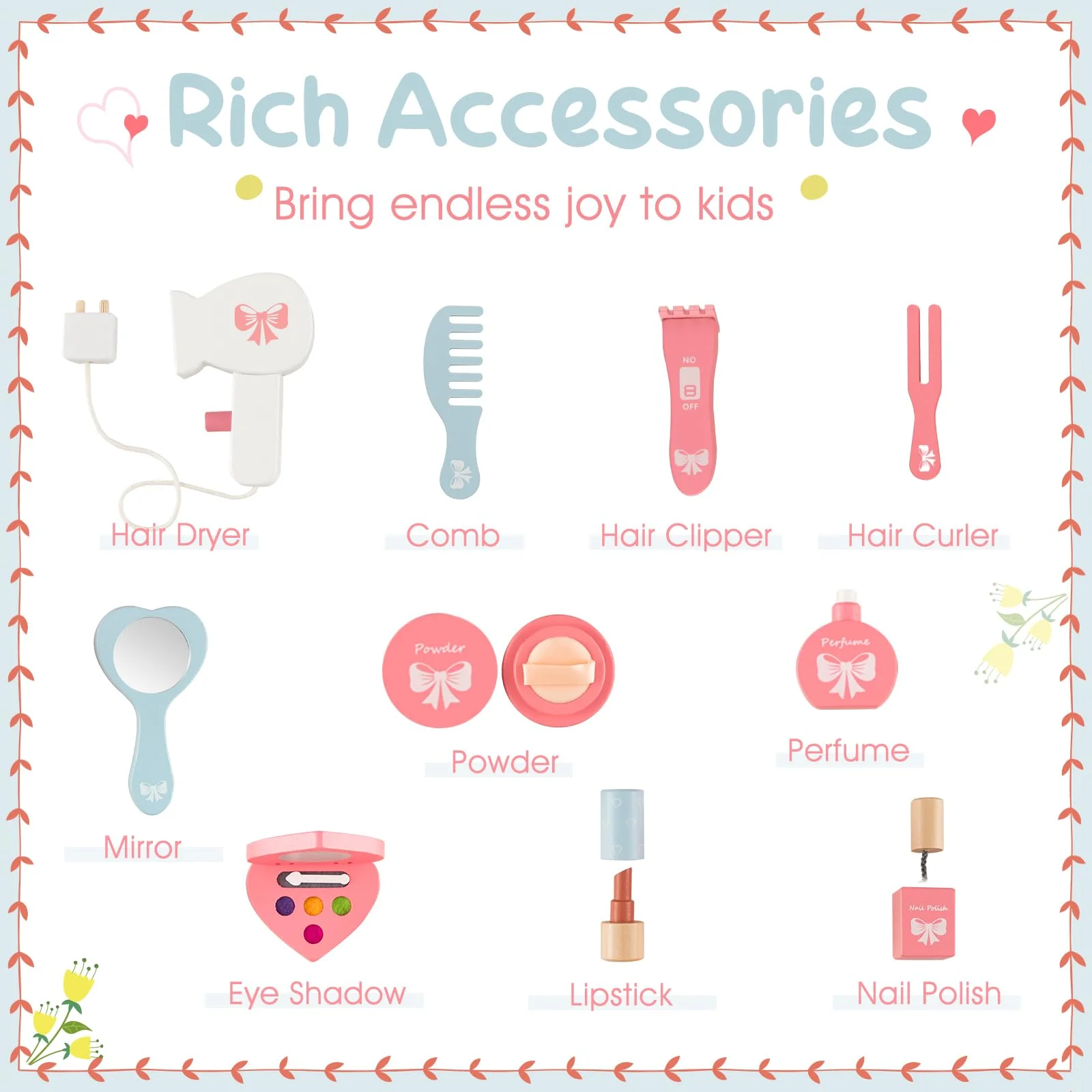 HONEY JOY Kids Vanity Set, Dressing Table w/Mirror and Stool, Accessories, Drawer, Wooden Princess Makeup Dressing Table - Image 5