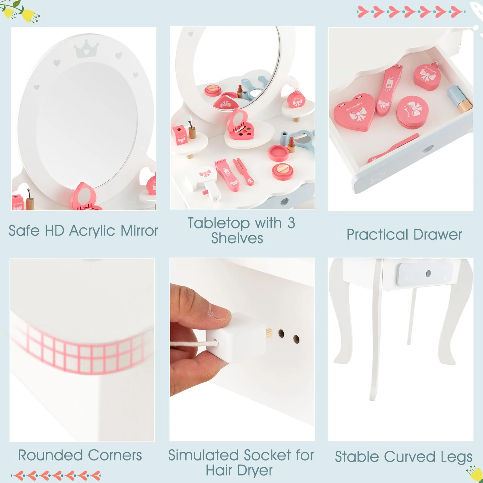 HONEY JOY Kids Vanity Set, Dressing Table w/Mirror and Stool, Accessories, Drawer, Wooden Princess Makeup Dressing Table - Image 6