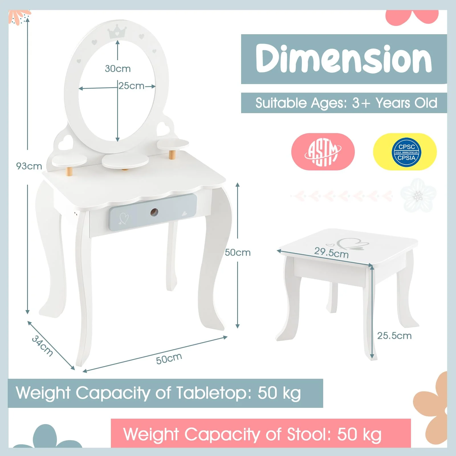 HONEY JOY Kids Vanity Set, Dressing Table w/Mirror and Stool, Accessories, Drawer, Wooden Princess Makeup Dressing Table - Image 8