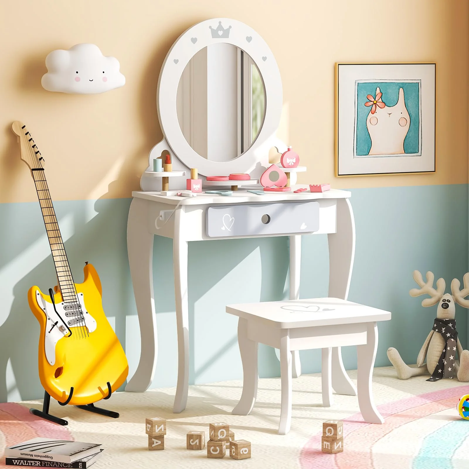 HONEY JOY Kids Vanity Set, Dressing Table w/Mirror and Stool, Accessories, Drawer, Wooden Princess Makeup Dressing Table - Image 9