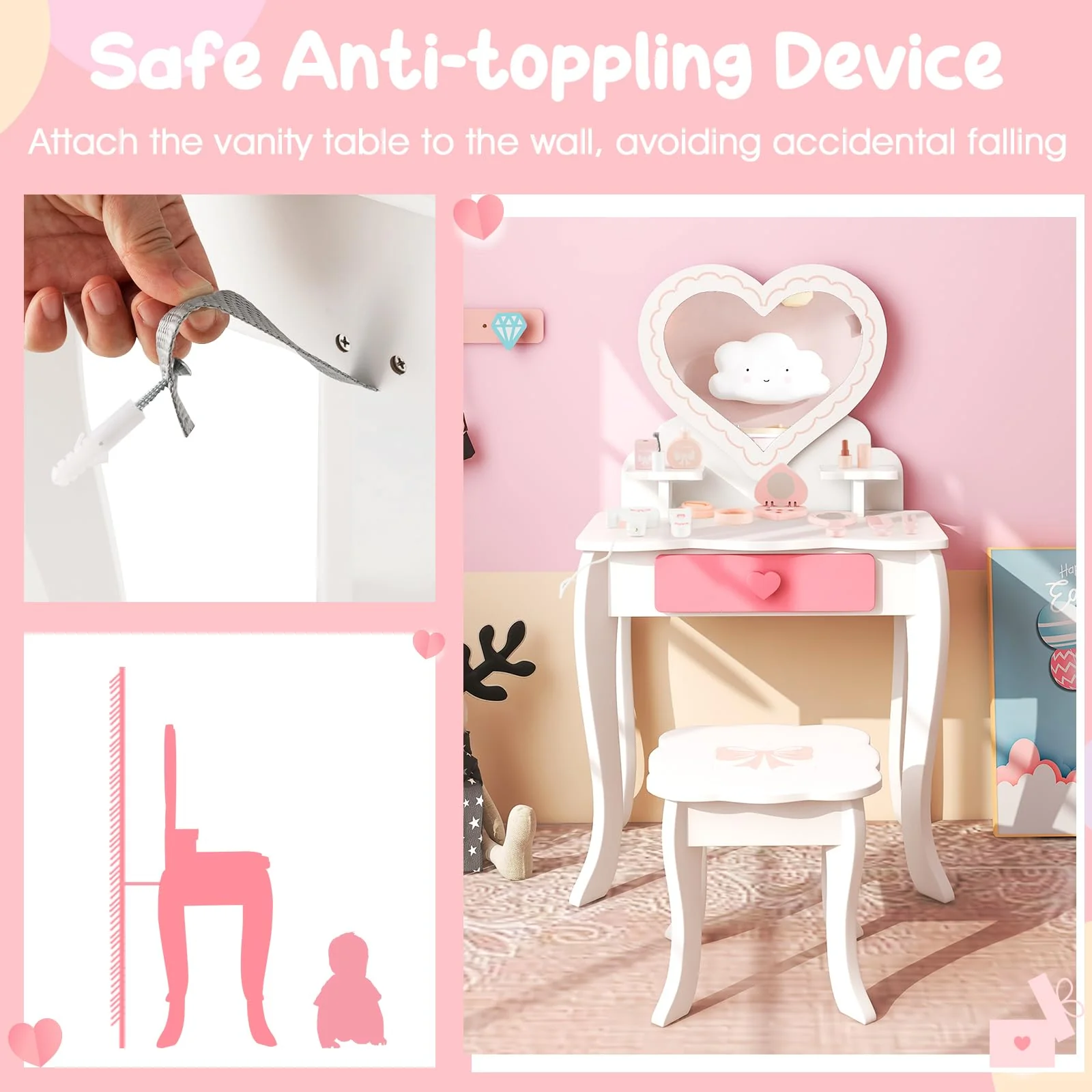 HONEY JOY Kids Vanity Set, Dressing Table w/Mirror and Stool, Accessories, Drawer, Wooden Princess Makeup Dressing Table(Heart-Shaped Mirror) - Image 3