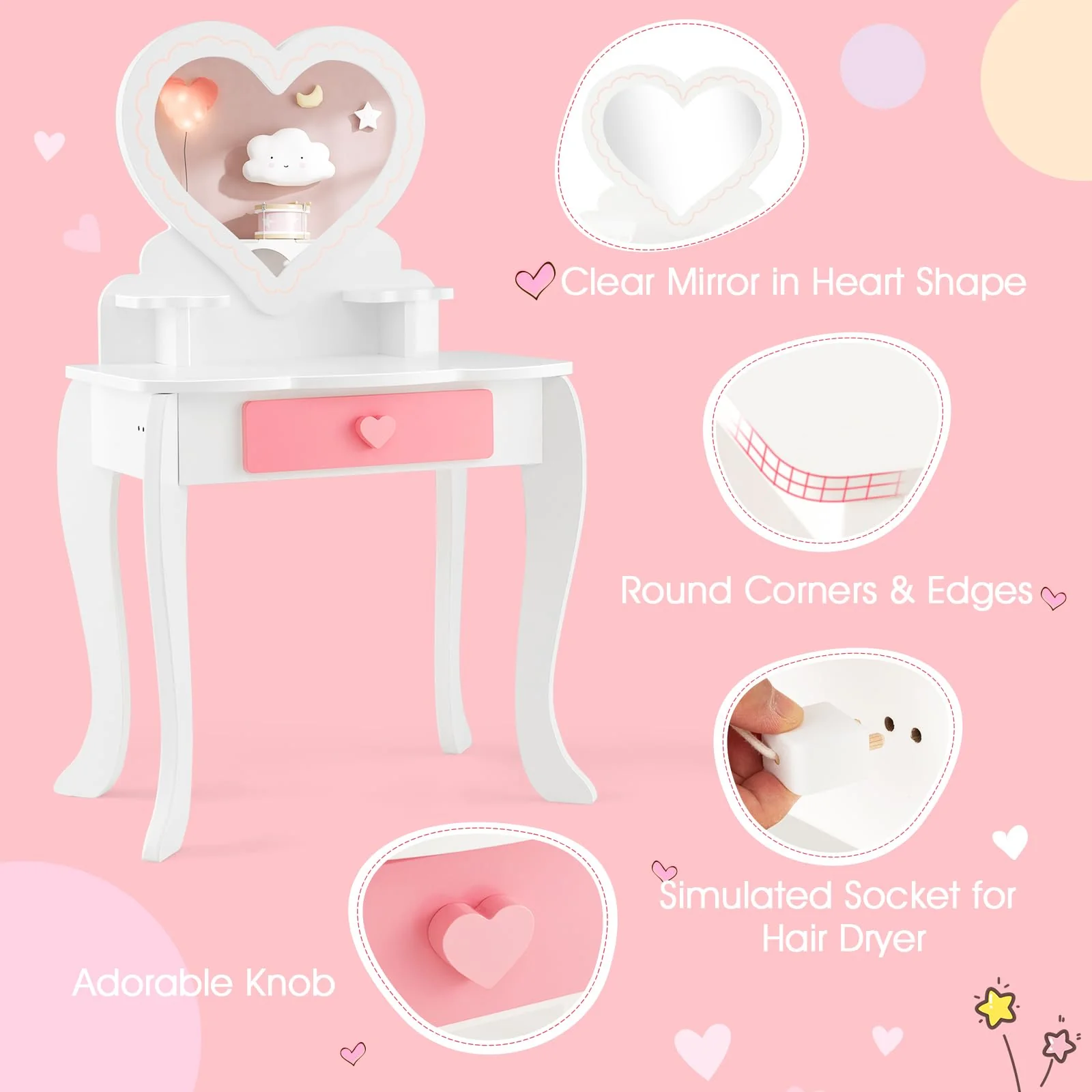 HONEY JOY Kids Vanity Set, Dressing Table w/Mirror and Stool, Accessories, Drawer, Wooden Princess Makeup Dressing Table(Heart-Shaped Mirror) - Image 5