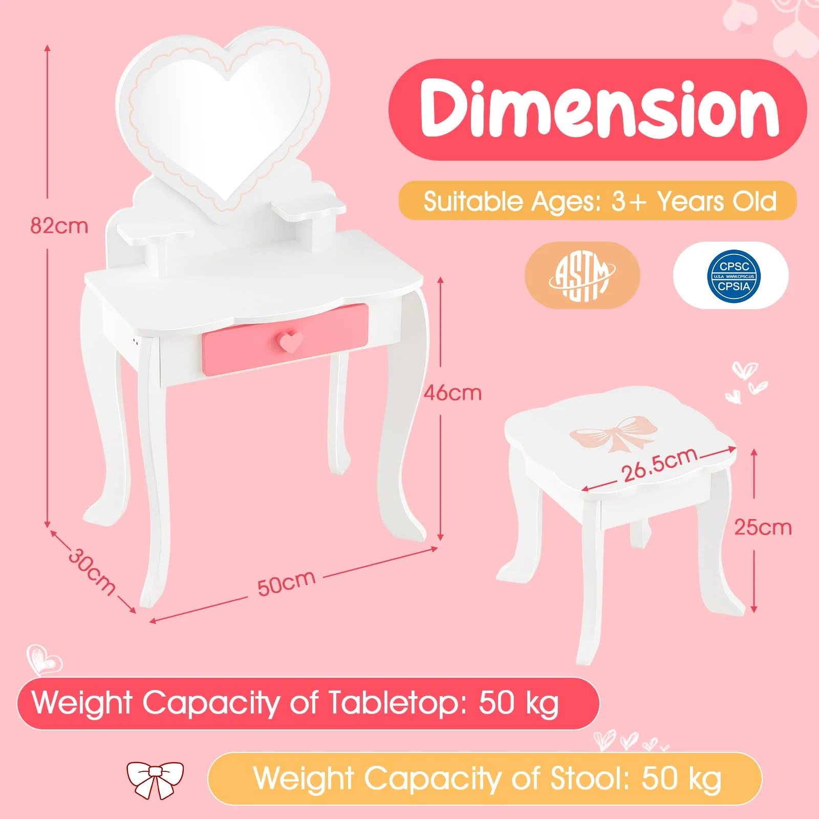 HONEY JOY Kids Vanity Set, Dressing Table w/Mirror and Stool, Accessories, Drawer, Wooden Princess Makeup Dressing Table(Heart-Shaped Mirror) - Image 6
