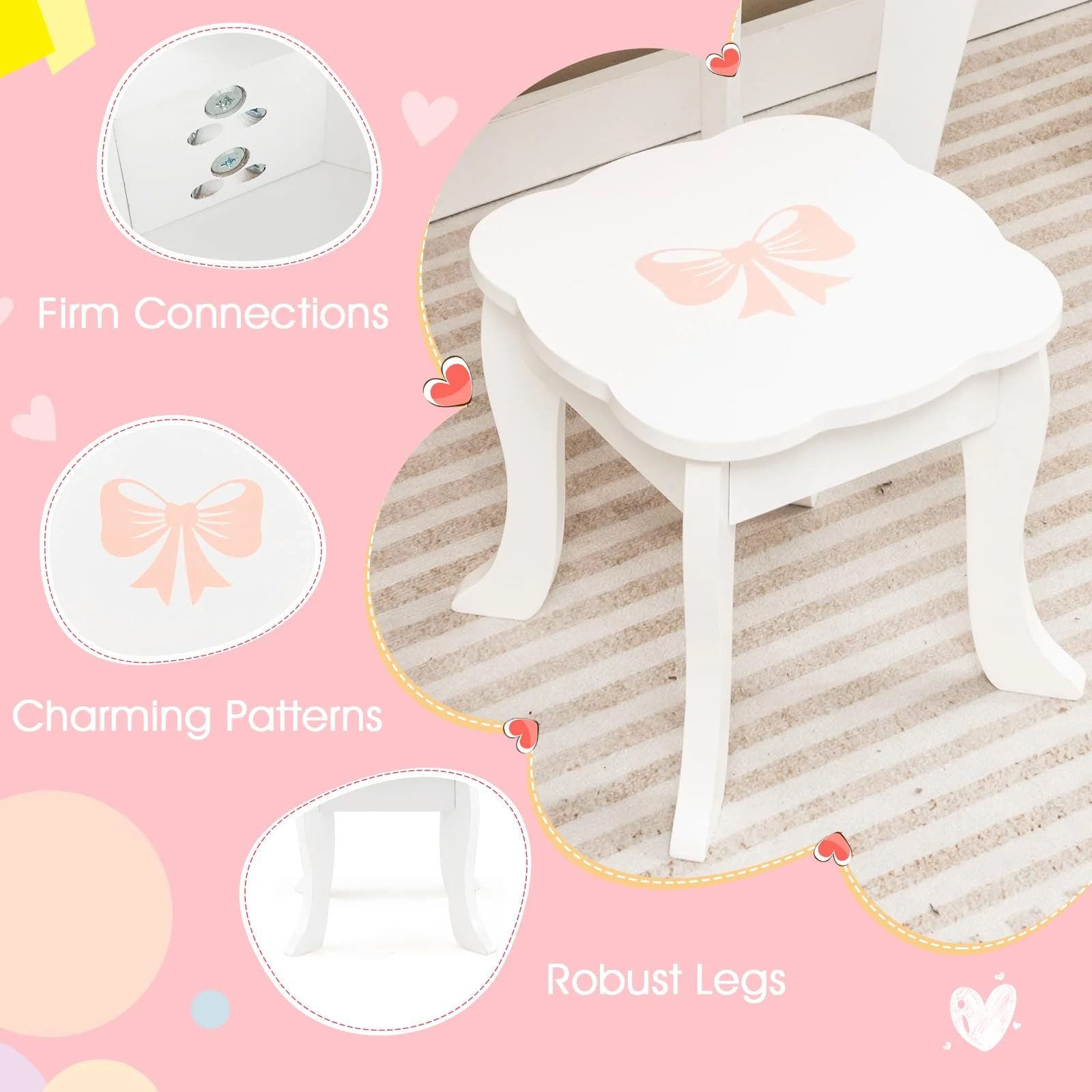 HONEY JOY Kids Vanity Set, Dressing Table w/Mirror and Stool, Accessories, Drawer, Wooden Princess Makeup Dressing Table(Heart-Shaped Mirror) - Image 8