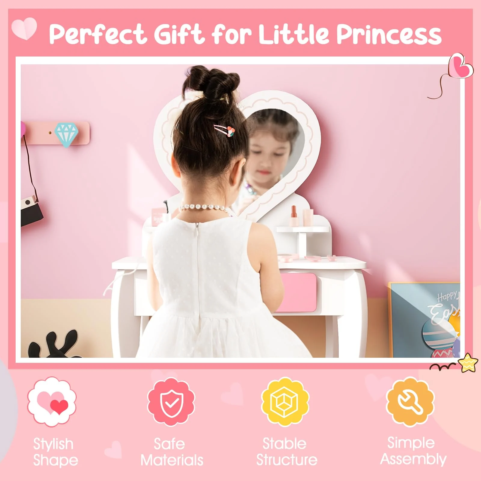 HONEY JOY Kids Vanity Set, Dressing Table w/Mirror and Stool, Accessories, Drawer, Wooden Princess Makeup Dressing Table(Heart-Shaped Mirror) - Image 9