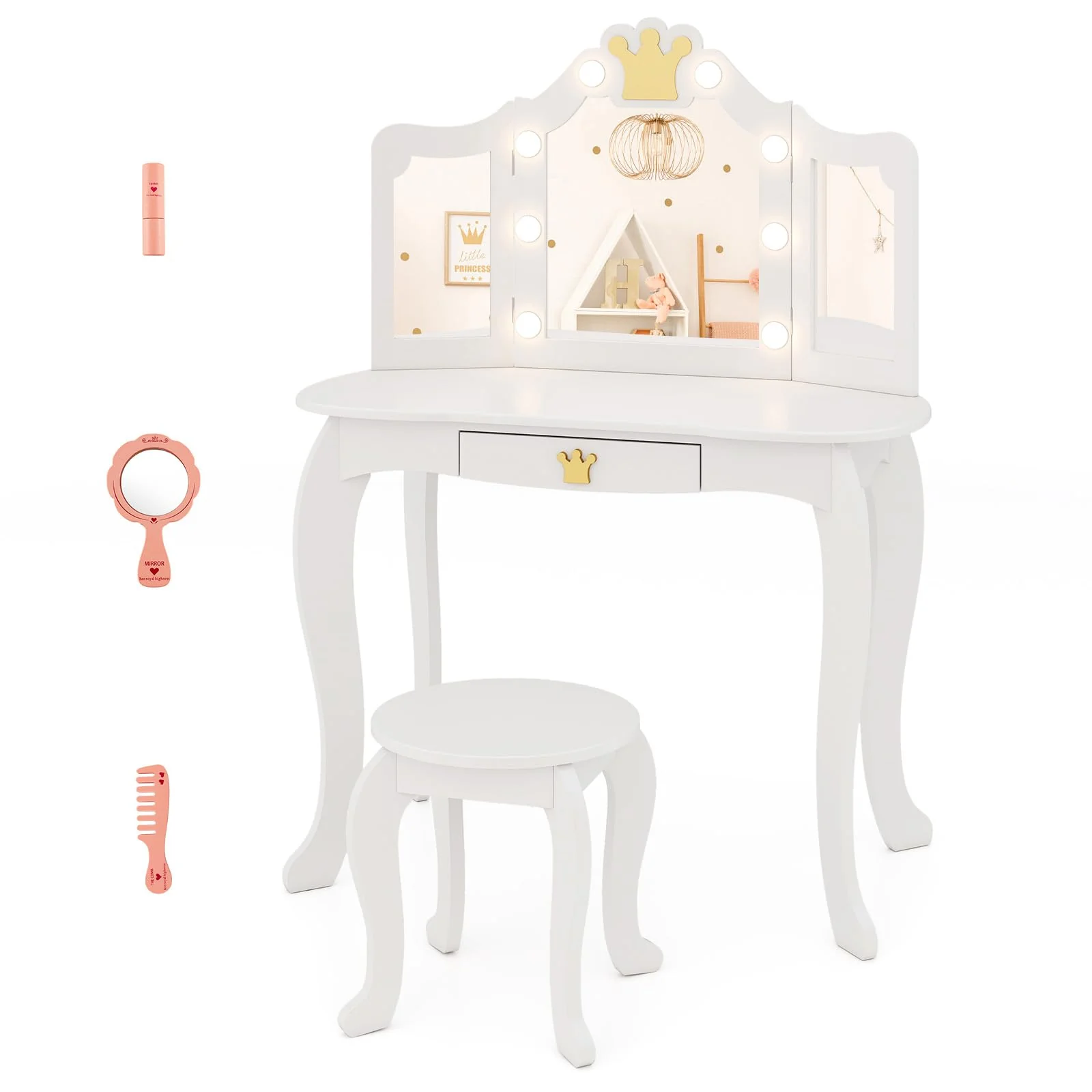 HONEY JOY Kids Vanity Set with 3-Color Adjustable Lighted Mirror