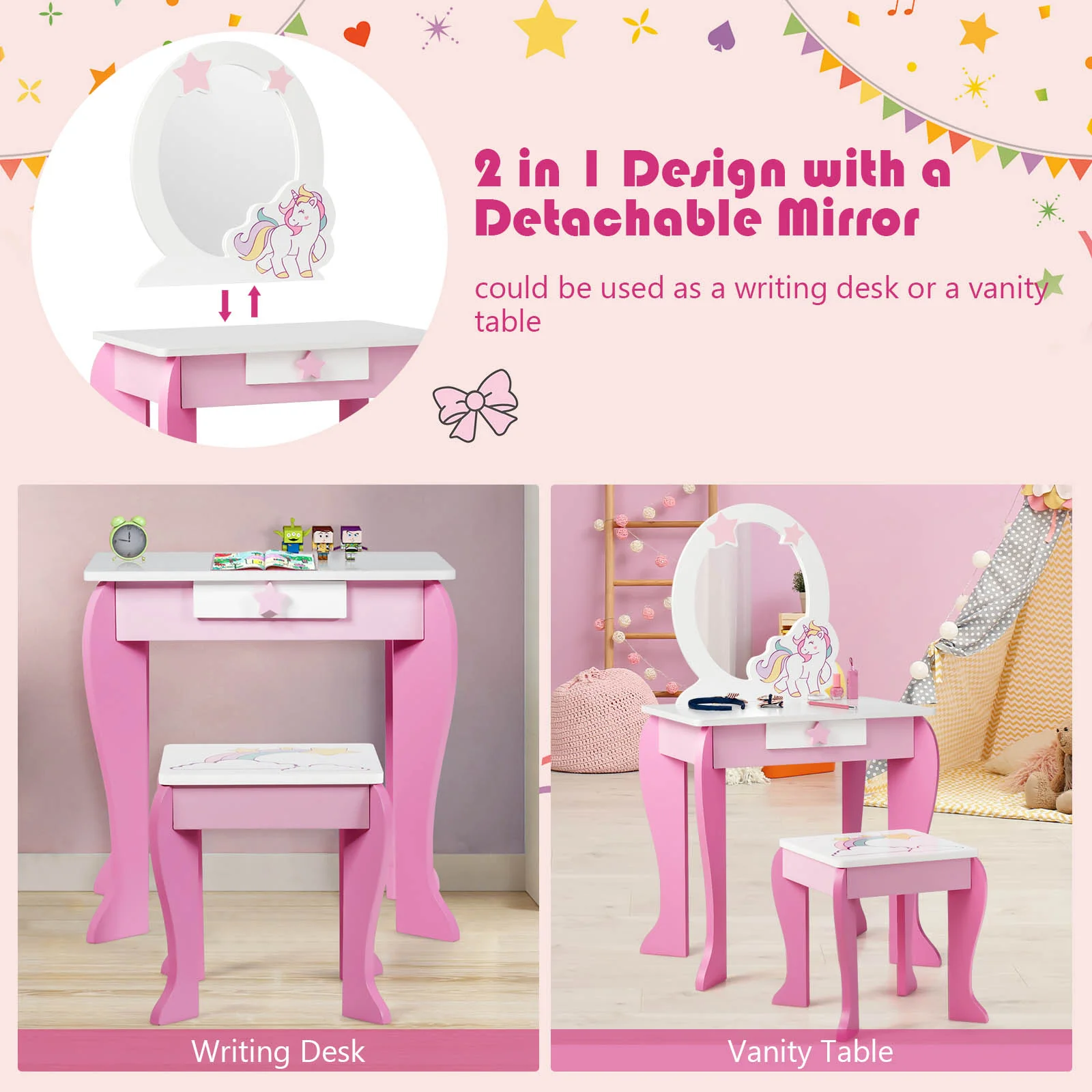 HONEY JOY Kids Vanity Set with Mirror, 2 in 1 Wooden Princess Makeup Dressing Table, TOP 50 Bonus Trinkets Set - Image 10