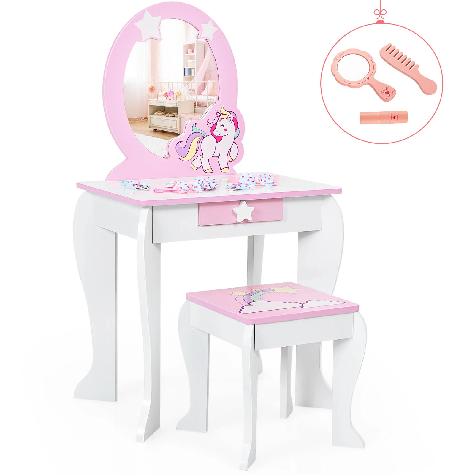 HONEY JOY Kids Vanity Set with Mirror, 2 in 1 Wooden Princess Makeup Dressing Table, TOP 50 Bonus Trinkets Set - Image 11