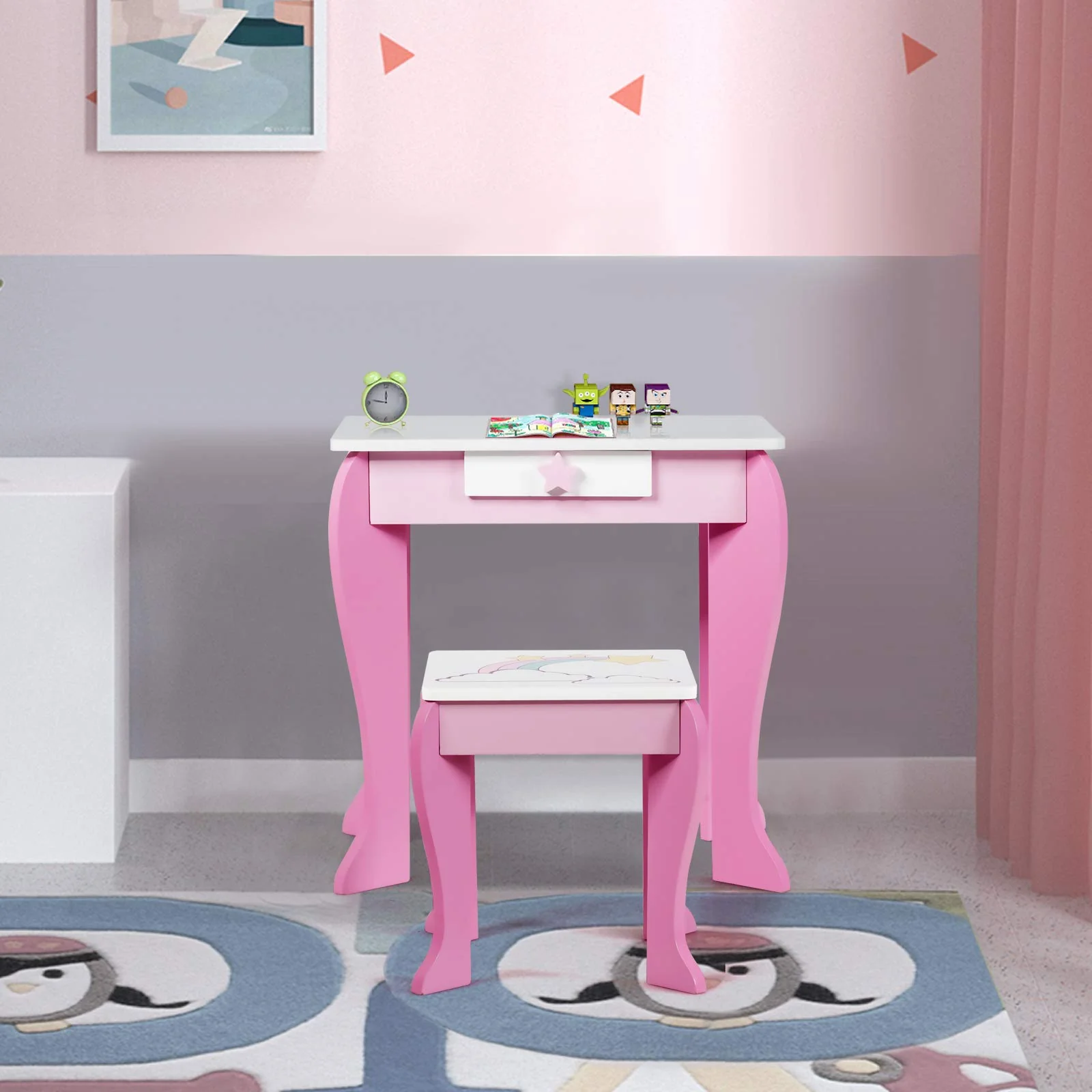 HONEY JOY Kids Vanity Set with Mirror, 2 in 1 Wooden Princess Makeup Dressing Table, TOP 50 Bonus Trinkets Set - Image 3