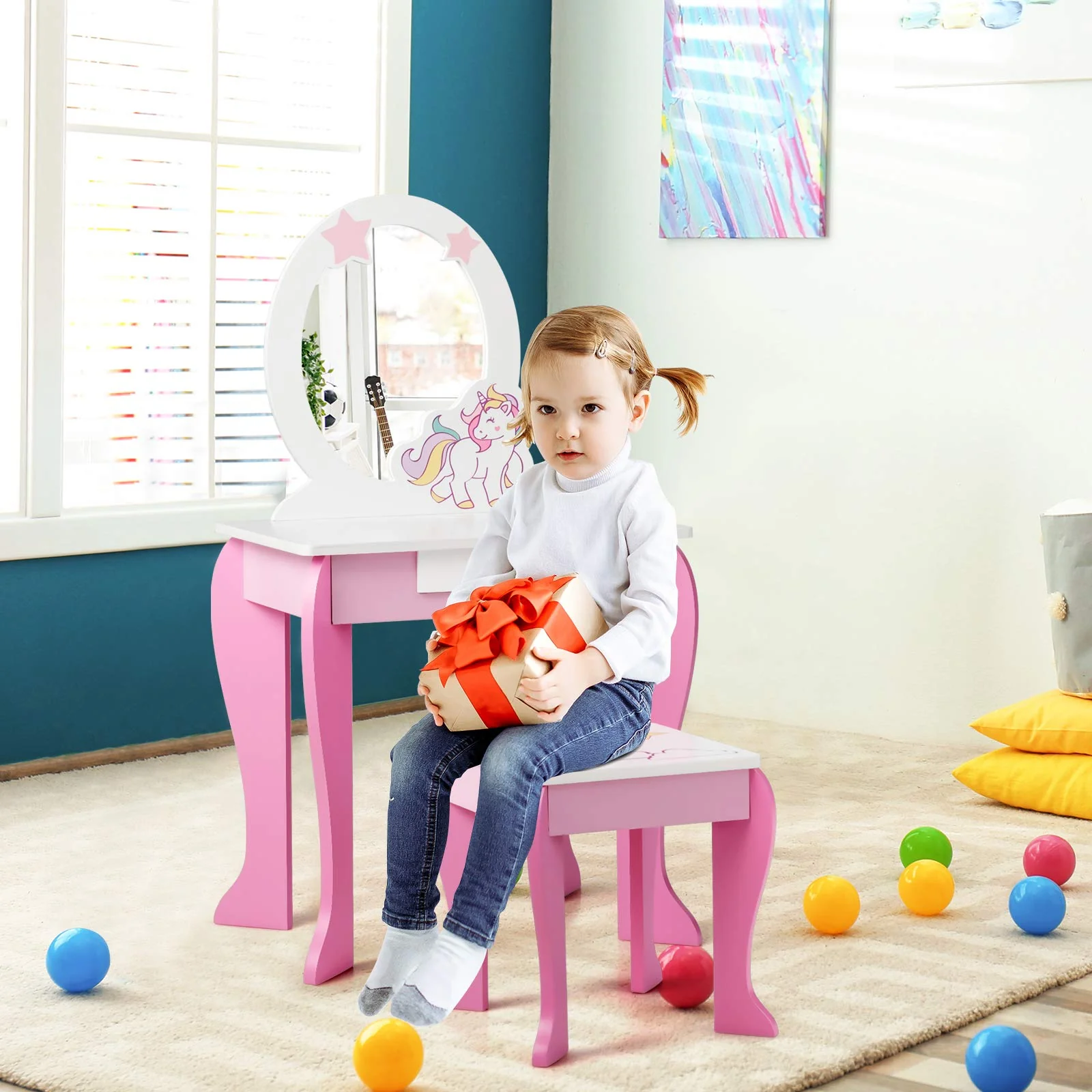 HONEY JOY Kids Vanity Set with Mirror, 2 in 1 Wooden Princess Makeup Dressing Table, TOP 50 Bonus Trinkets Set - Image 4