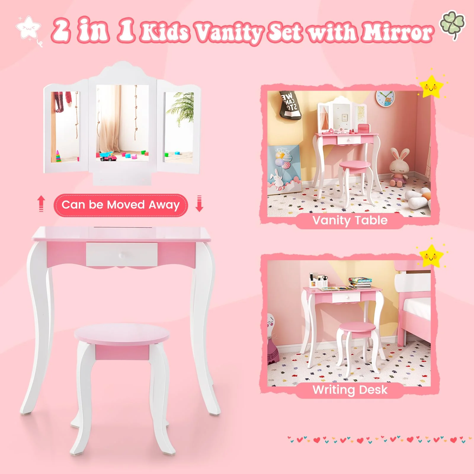 HONEY JOY Kids Vanity Table and Chair Set, 2-in-1 Kids Pretend Play Makeup Dressing Table Set with Tri-Folding Mirror - Image 3