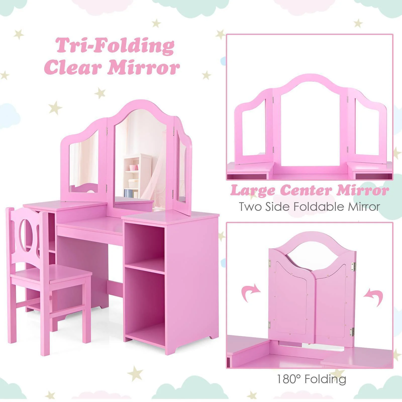 HONEY JOY Kids Vanity Table and Stool Set Multi-functional Makeup Dressing Desk - Image 8