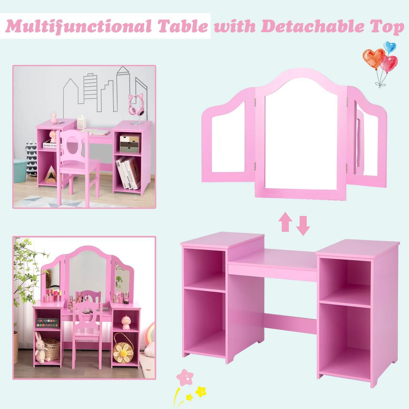HONEY JOY Kids Vanity Table and Stool Set Multi-functional Makeup Dressing Desk - Image 9