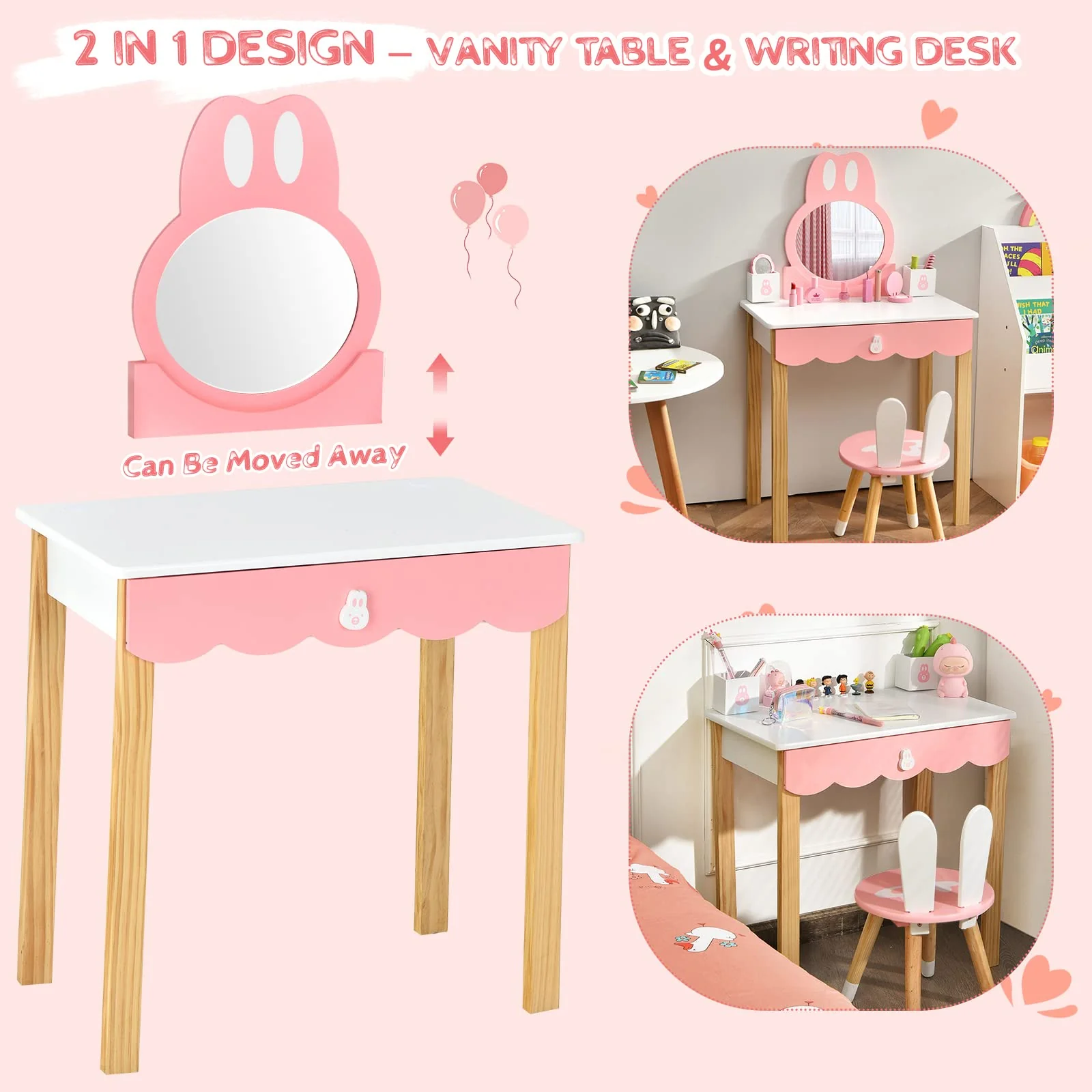 HONEY JOY Kids Vanity Table & Chair Set, Makeup Dressing Table w/Detachable Top, Drawer & Storage Boxes - Image 3