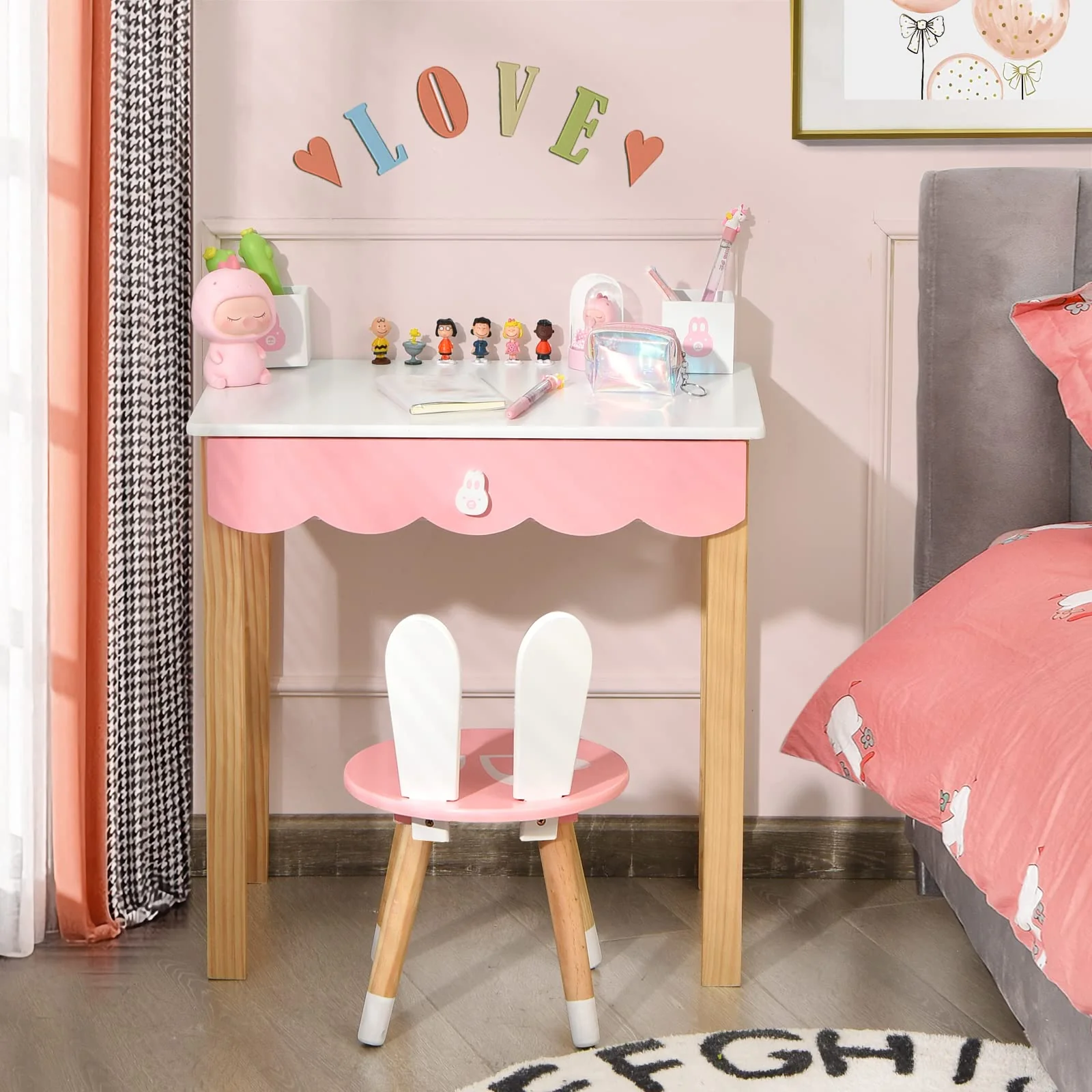 HONEY JOY Kids Vanity Table & Chair Set, Makeup Dressing Table w/Detachable Top, Drawer & Storage Boxes - Image 4
