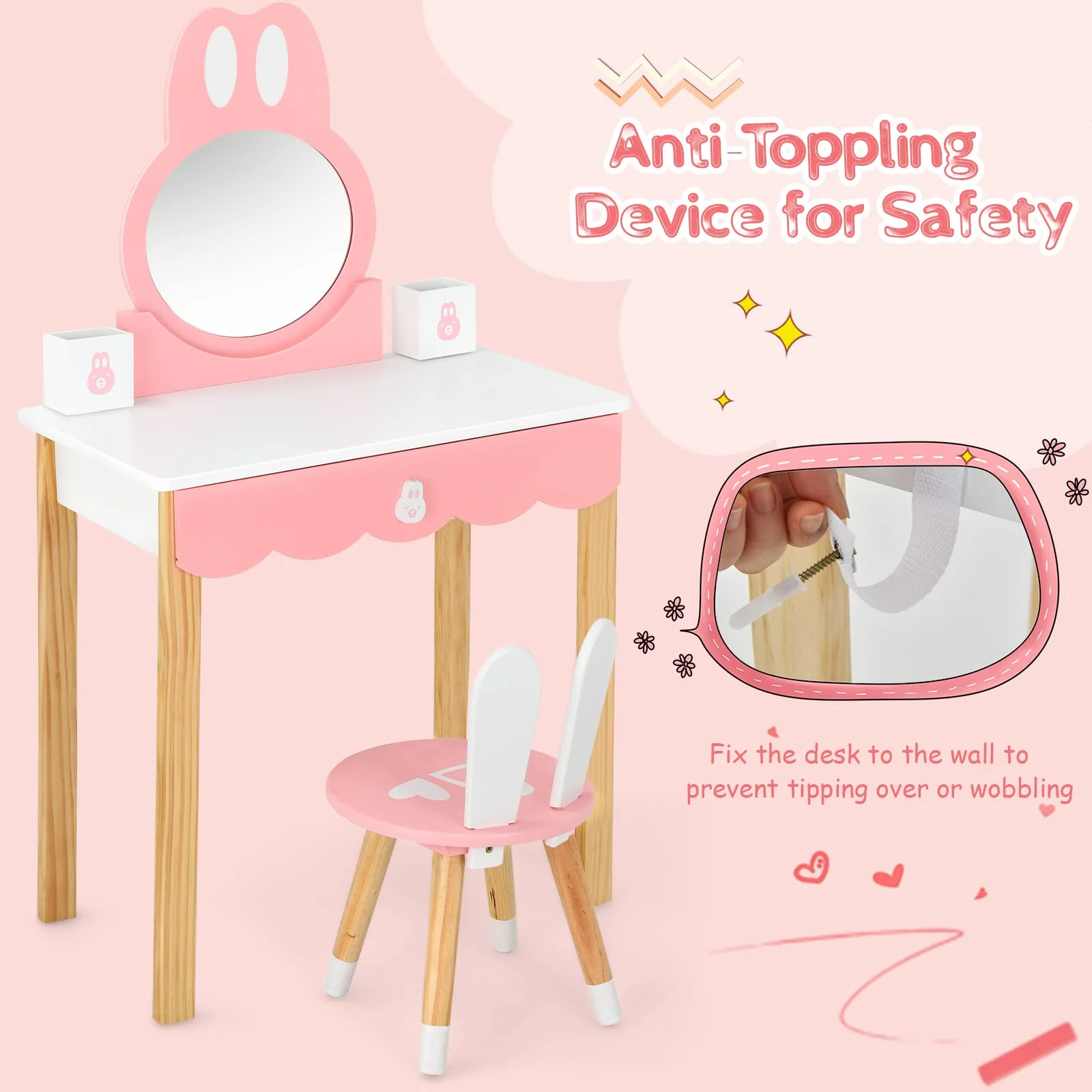HONEY JOY Kids Vanity Table & Chair Set, Makeup Dressing Table w/Detachable Top, Drawer & Storage Boxes - Image 5