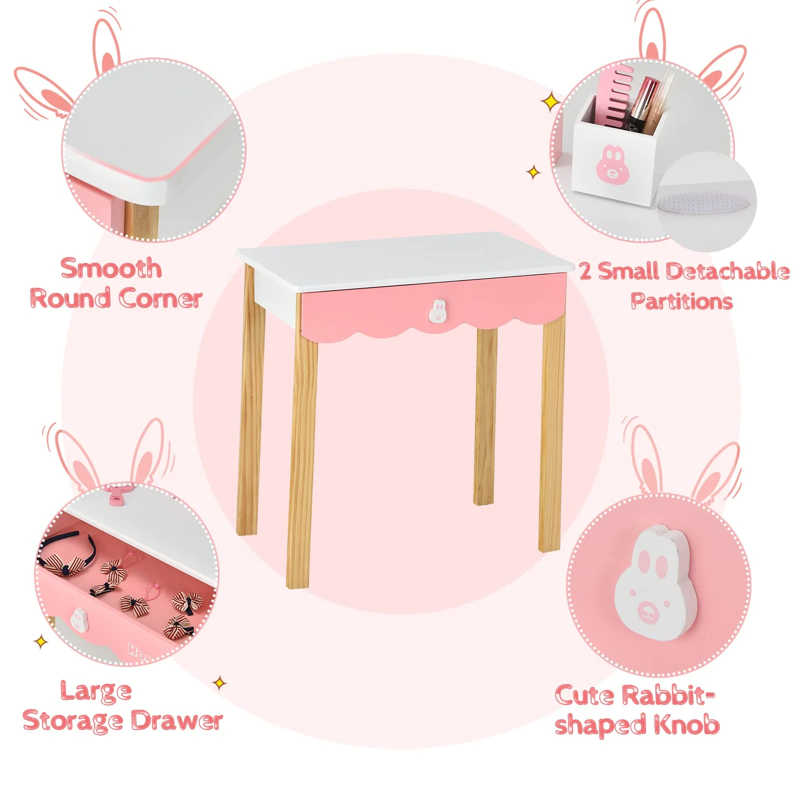 HONEY JOY Kids Vanity Table & Chair Set, Makeup Dressing Table w/Detachable Top, Drawer & Storage Boxes - Image 6