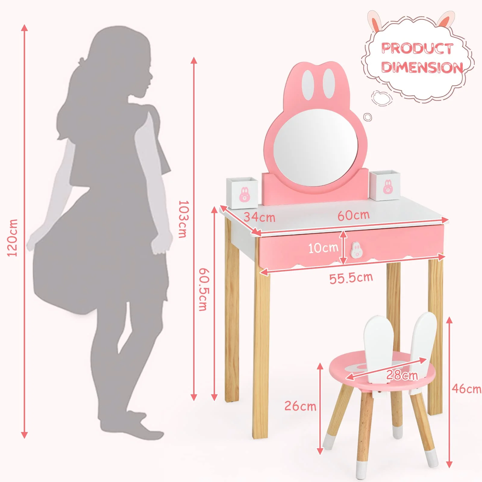 HONEY JOY Kids Vanity Table & Chair Set, Makeup Dressing Table w/Detachable Top, Drawer & Storage Boxes - Image 8