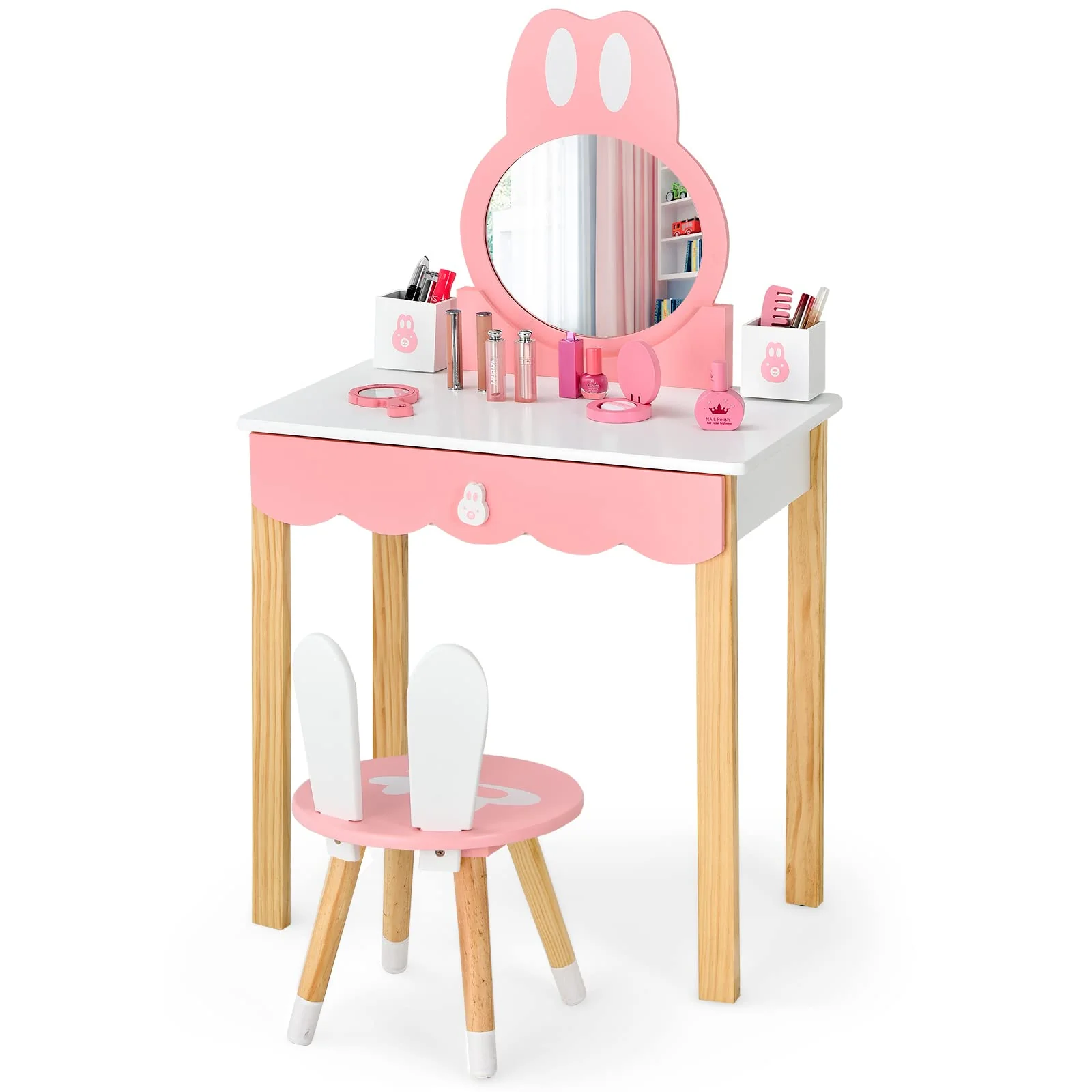 HONEY JOY Kids Vanity Table & Chair Set, Makeup Dressing Table w/Detachable Top, Drawer & Storage Boxes - Image 9