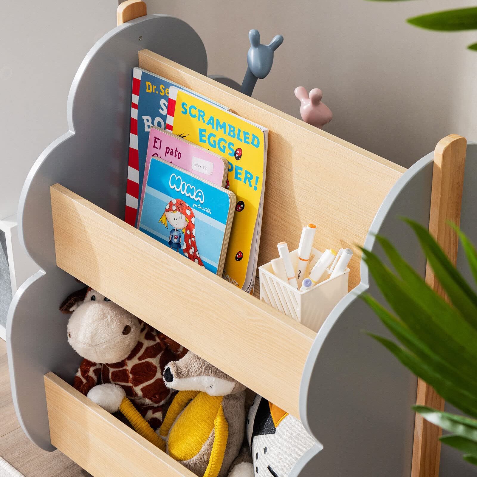 HONEY JOY Kids Wooden Bookshelf, Toddler Double-Sided Bookcase Toy Storage Shelf w/Universal Wheels - Image 3
