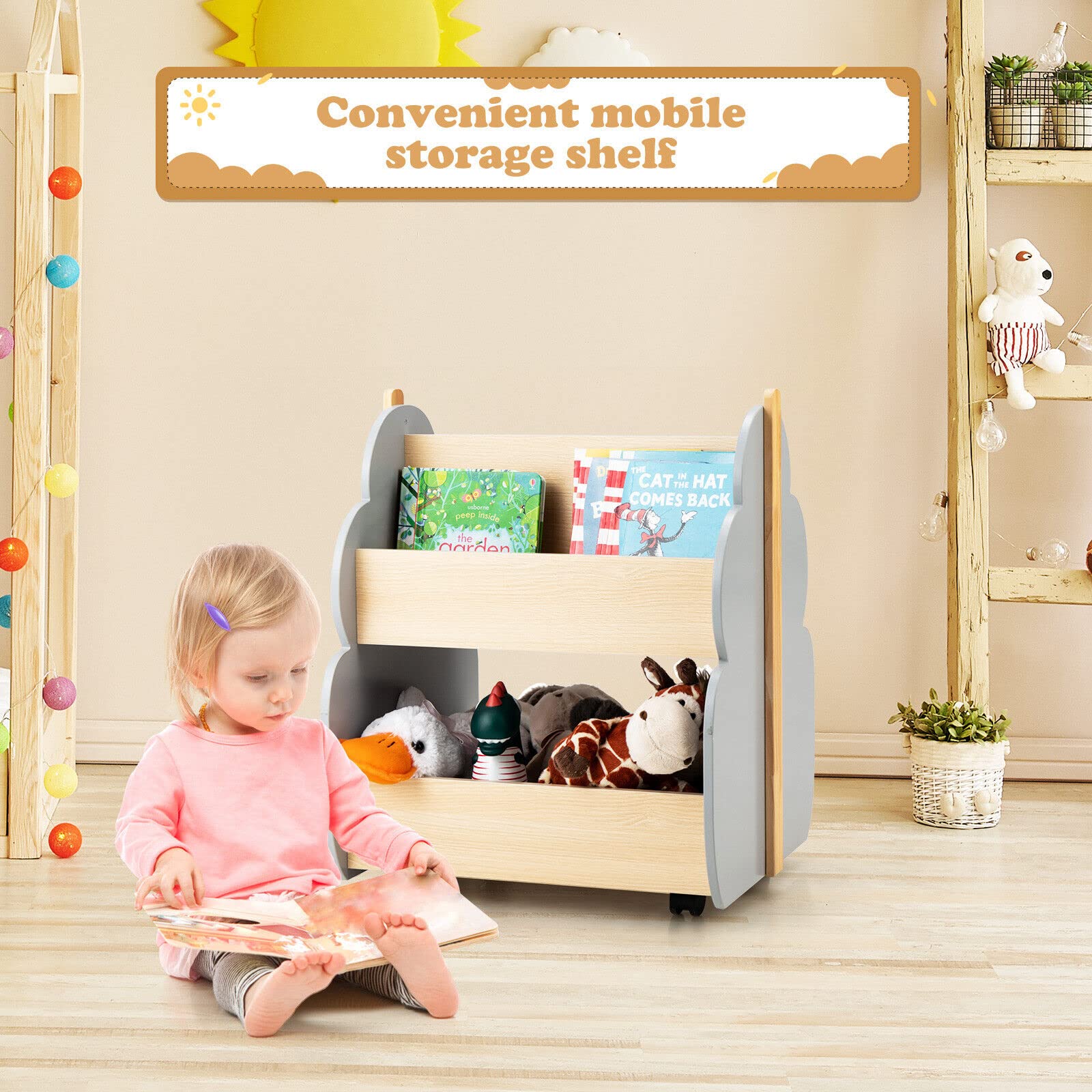 HONEY JOY Kids Wooden Bookshelf, Toddler Double-Sided Bookcase Toy Storage Shelf w/Universal Wheels - Image 4