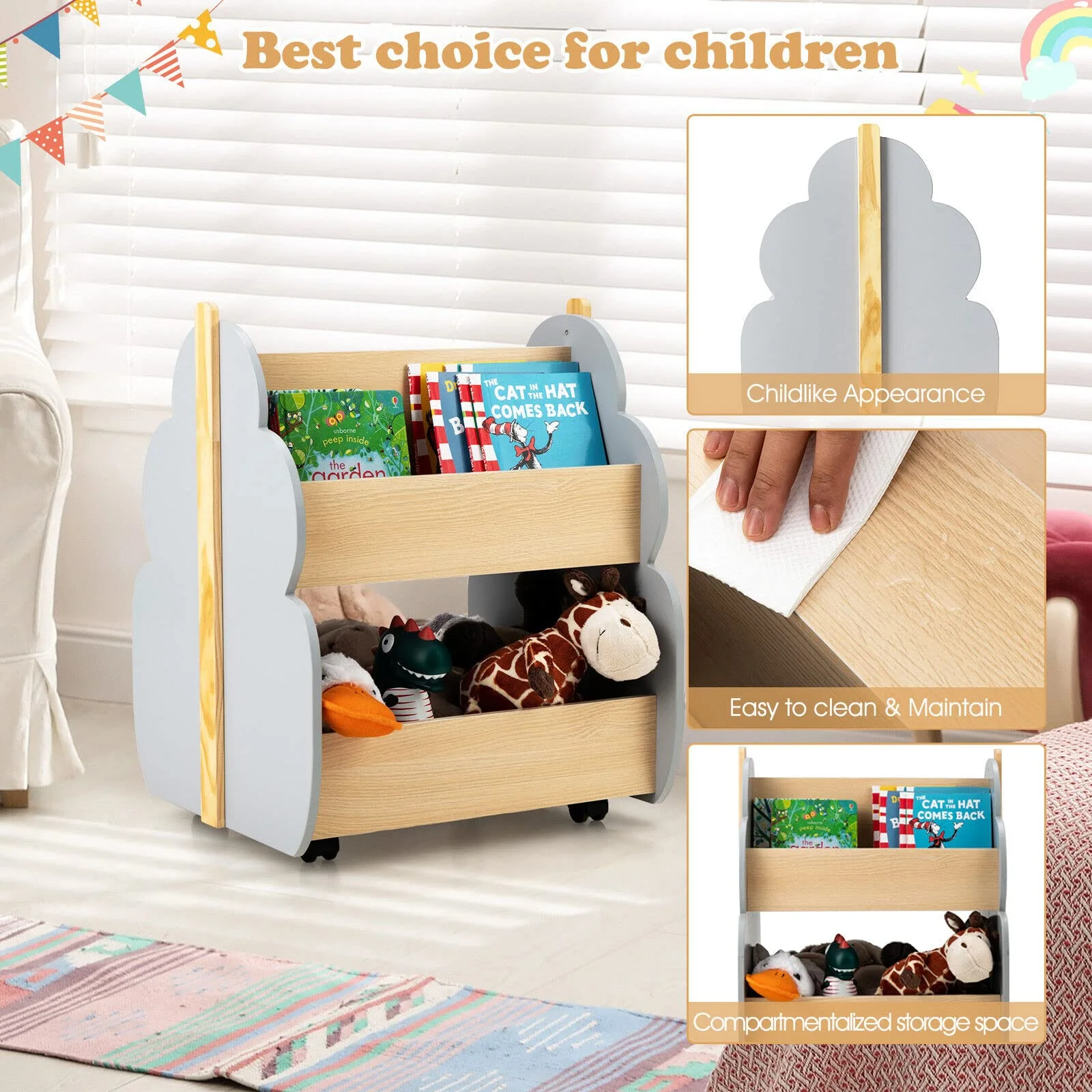 HONEY JOY Kids Wooden Bookshelf, Toddler Double-Sided Bookcase Toy Storage Shelf w/Universal Wheels - Image 7