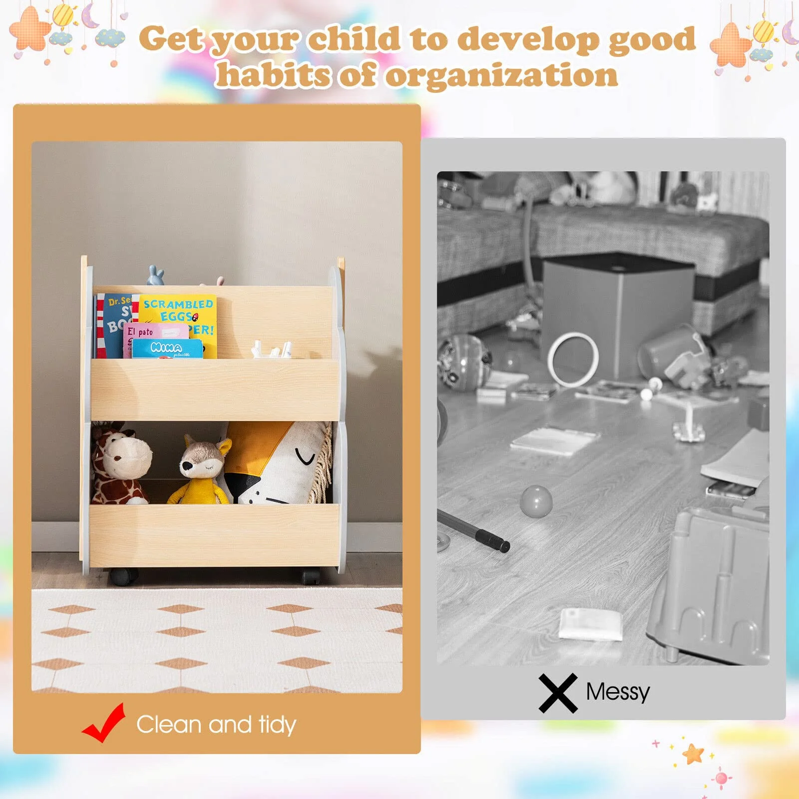 HONEY JOY Kids Wooden Bookshelf, Toddler Double-Sided Bookcase Toy Storage Shelf w/Universal Wheels - Image 8