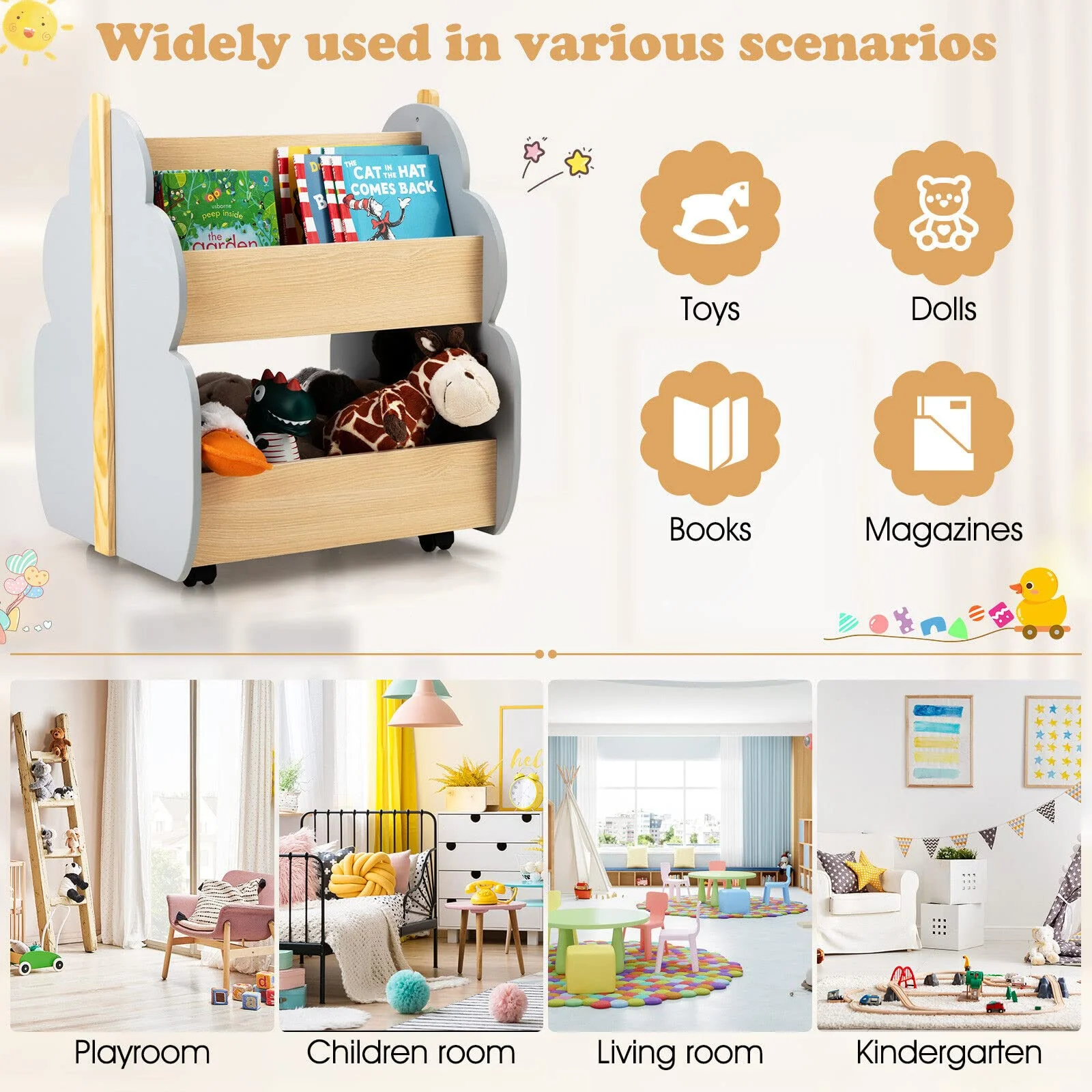 HONEY JOY Kids Wooden Bookshelf, Toddler Double-Sided Bookcase Toy Storage Shelf w/Universal Wheels - Image 9