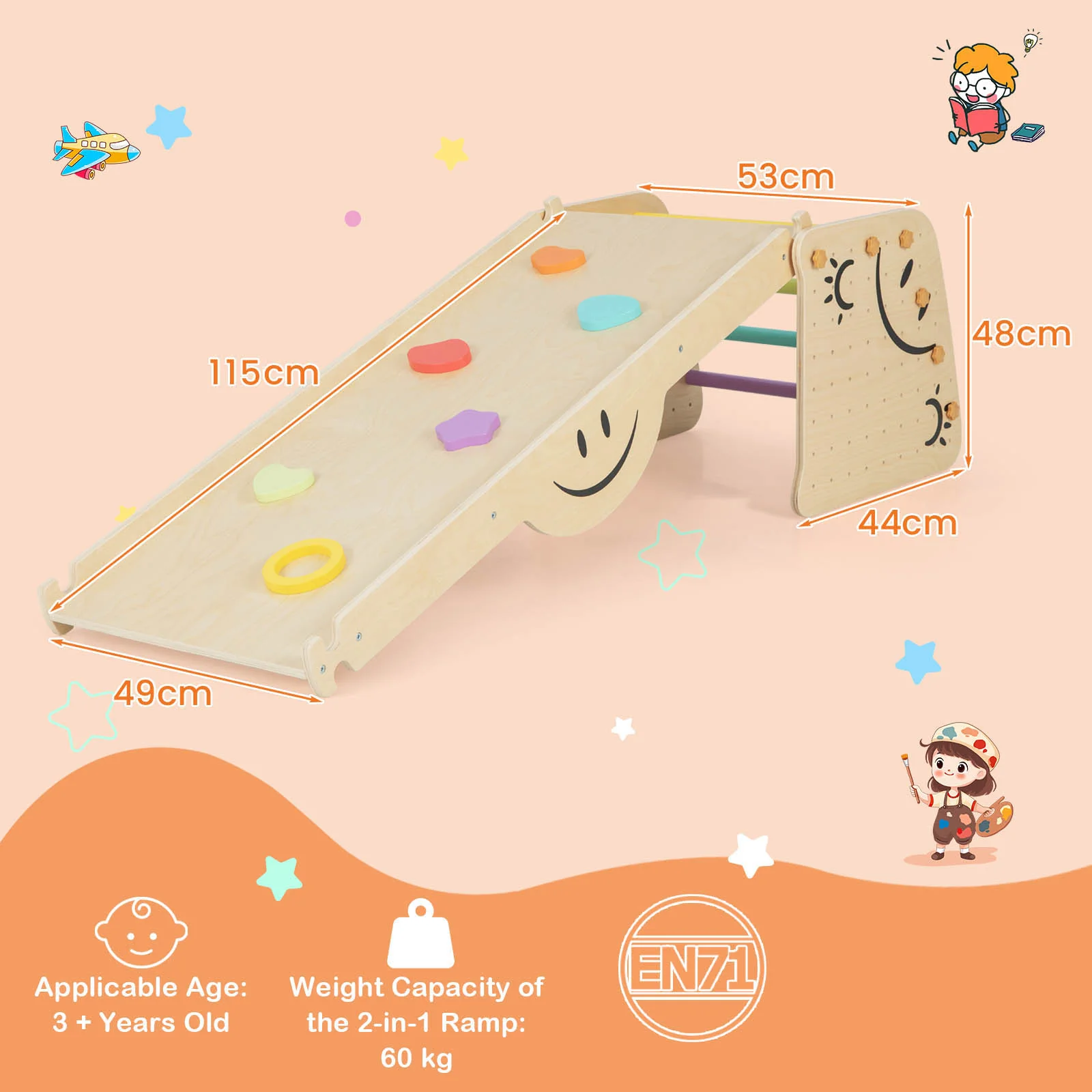 HONEY JOY Kids Wooden Climbing Toy, Triangle Climber Jungle Gym Set w/Seesaw, Dual-Sided Ramp - Image 10