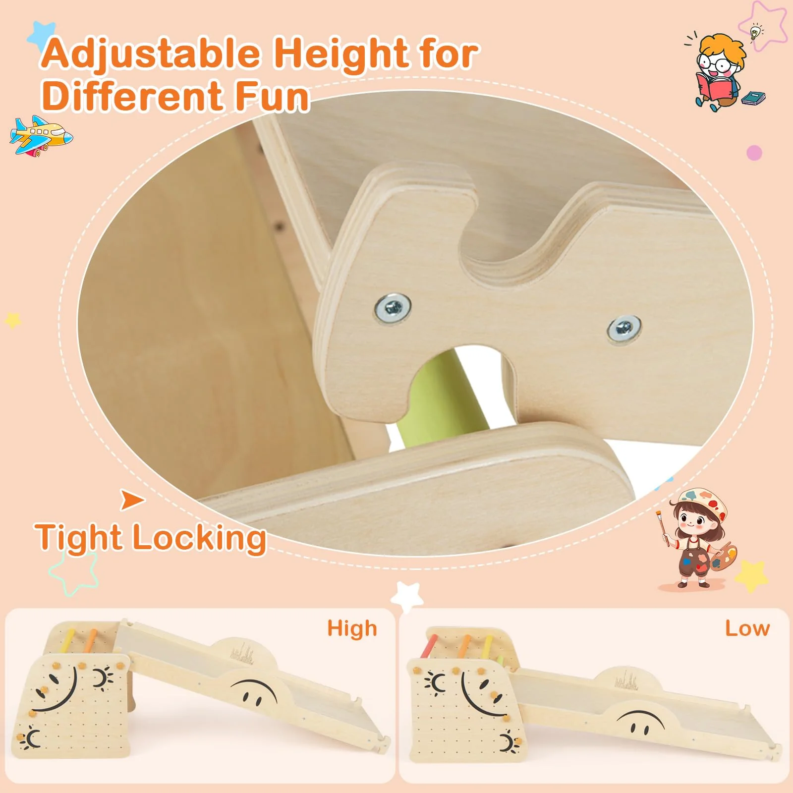HONEY JOY Kids Wooden Climbing Toy, Triangle Climber Jungle Gym Set w/Seesaw, Dual-Sided Ramp - Image 3