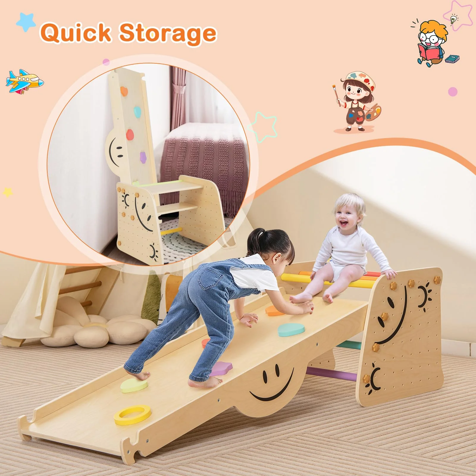HONEY JOY Kids Wooden Climbing Toy, Triangle Climber Jungle Gym Set w/Seesaw, Dual-Sided Ramp - Image 6