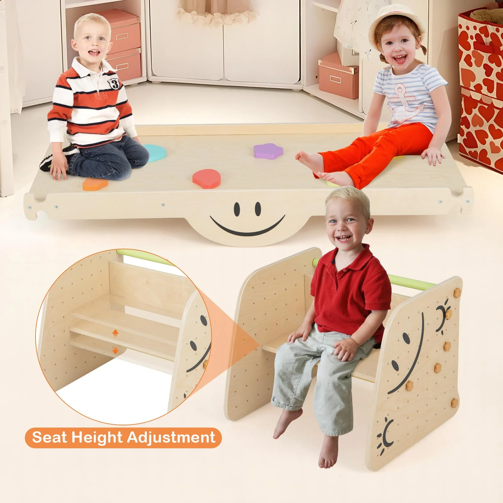 HONEY JOY Kids Wooden Climbing Toy, Triangle Climber Jungle Gym Set w/Seesaw, Dual-Sided Ramp - Image 7