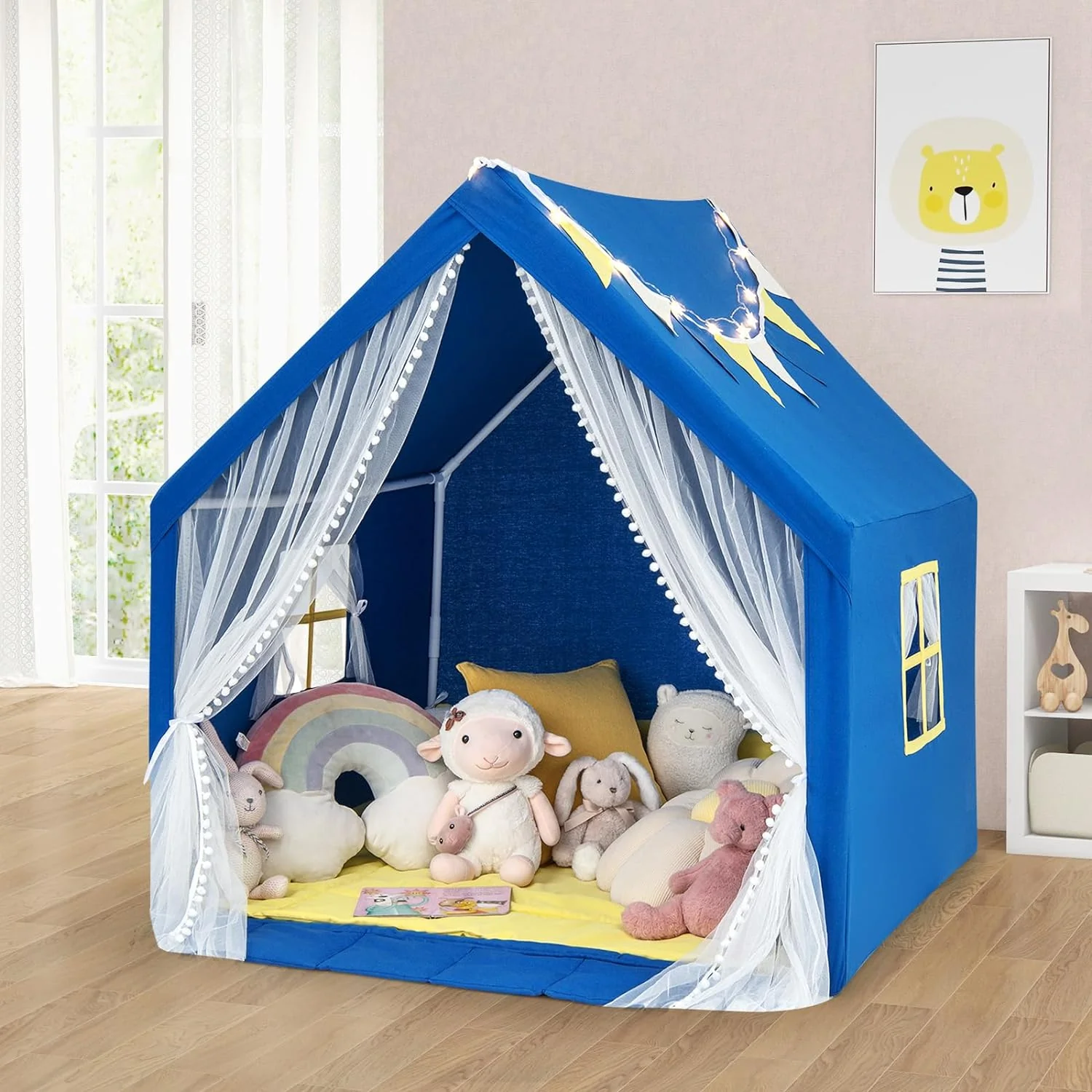 HONEY JOY Large Play Tent, Kids & Toddlers Playhouse with Washable Cotton Mat, Star Lights, Windows - Image 10