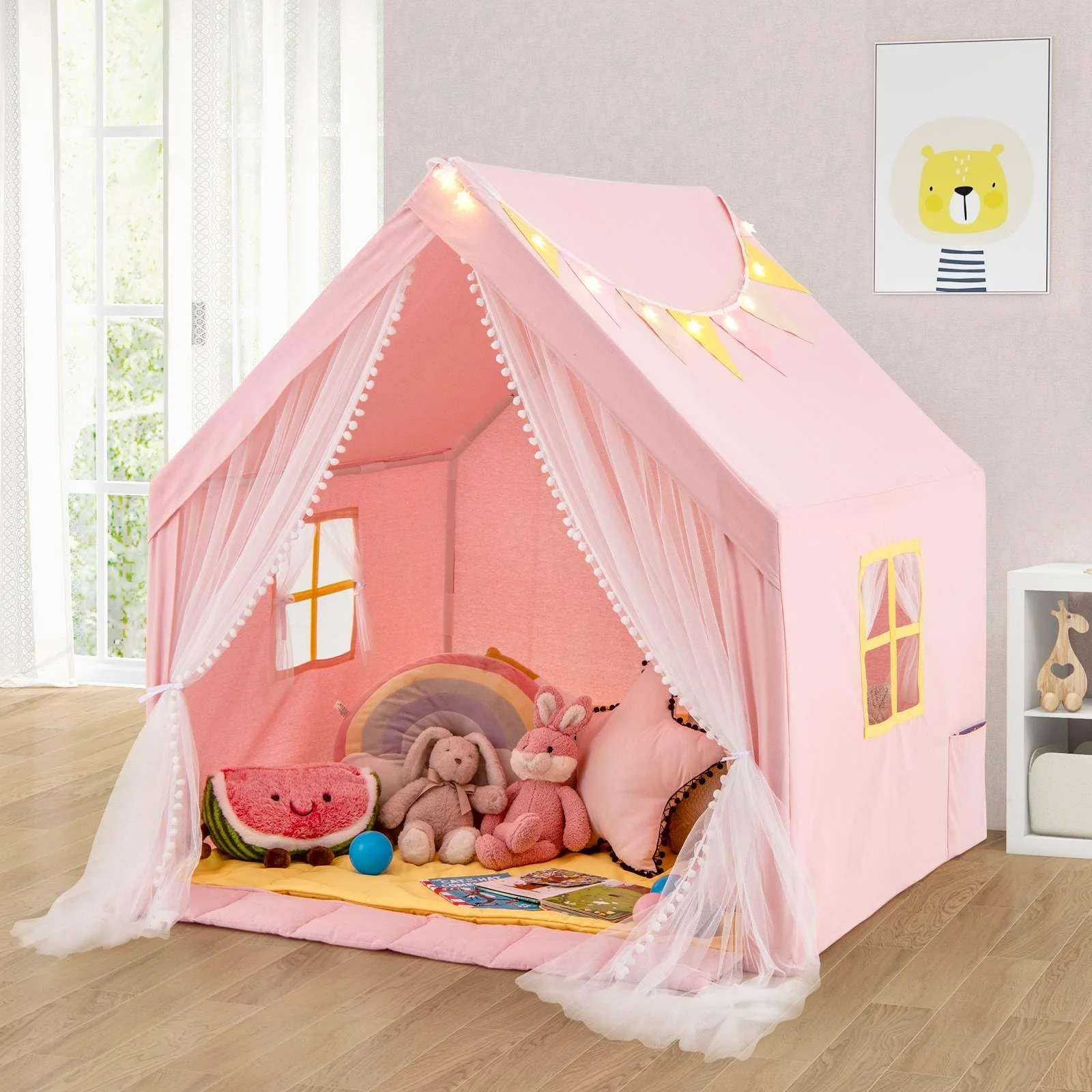 HONEY JOY Large Play Tent, Kids & Toddlers Playhouse with Washable Cotton Mat, Star Lights, Windows - Image 11